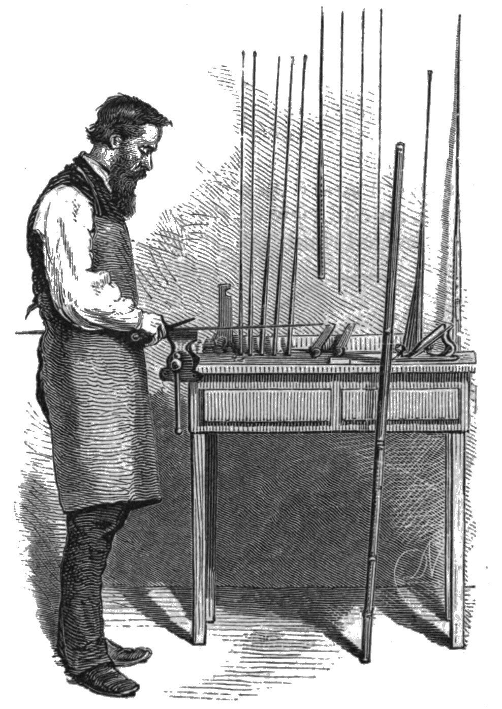An 1876 engraving of a bearded rodmaker in a shirt, waistcoat and long apron, working a rod section in a vise at his bench while rod sections stand upright behind him (Scribner's Monthly, 1876, public domain)