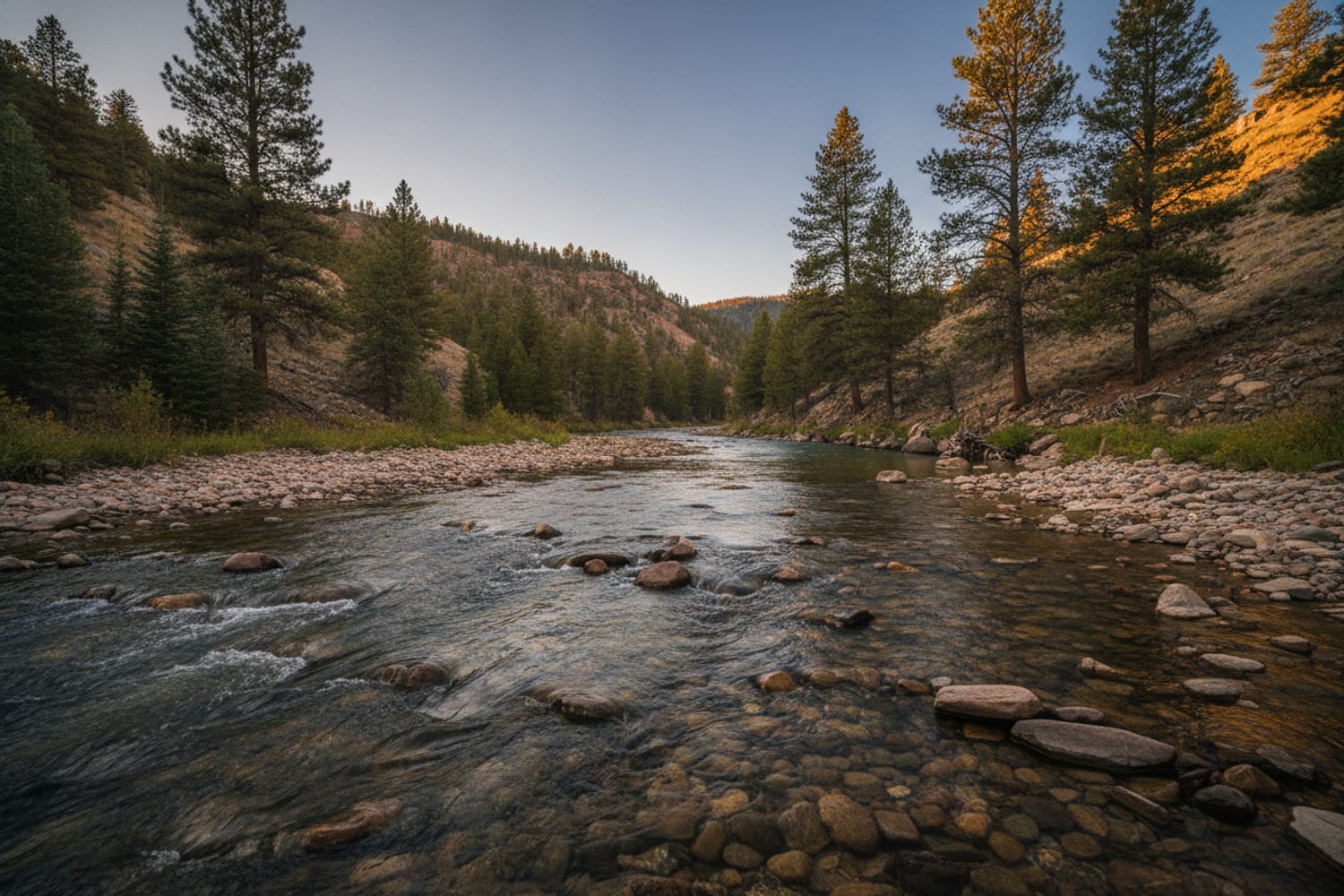 A clear South Platte tailwater run over cobble between low pine-dotted canyon slopes