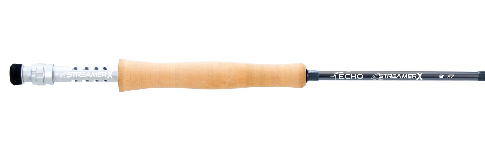 Echo Streamer X 9-foot 7-weight fly rod: ported silver reel seat with STREAMER X lettering, full cork grip, and ECHO STREAMER X 9' #7 on the dark blank (photo: Echo)