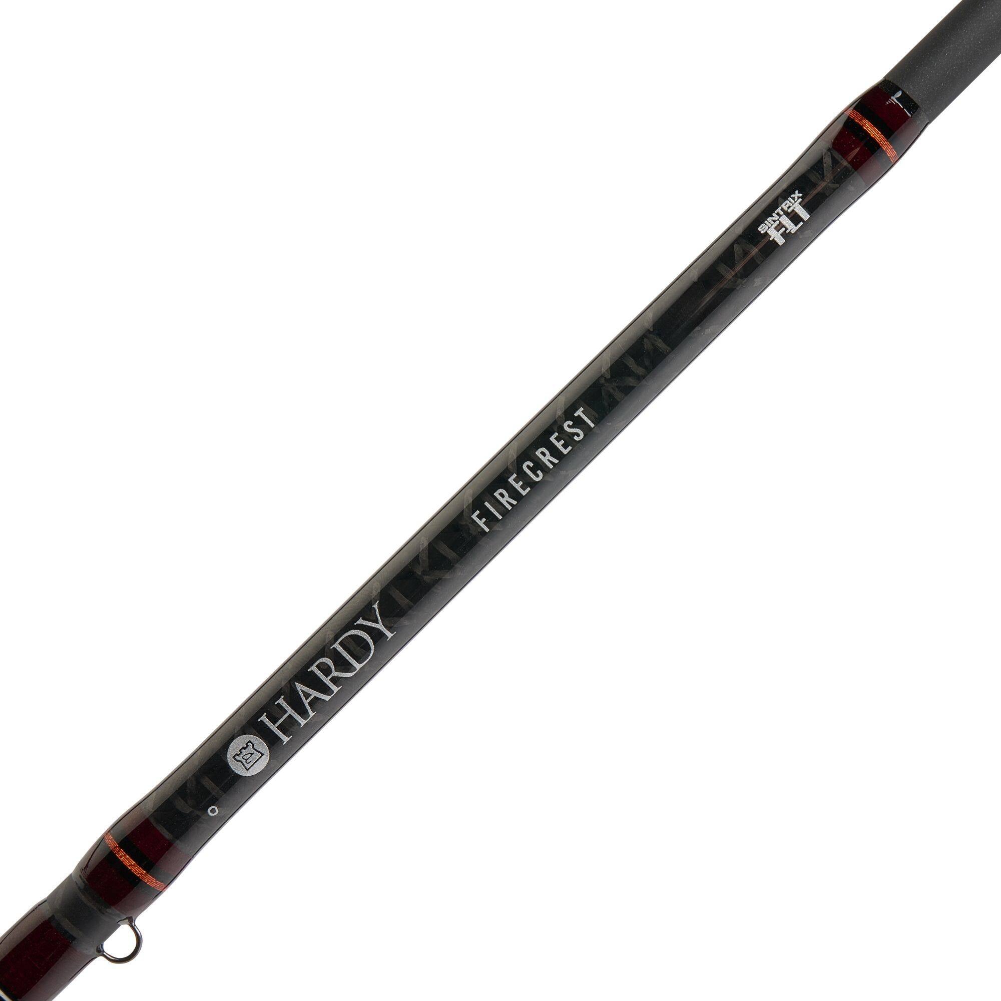 Hardy Firecrest 9-foot 7-weight fly rod, close-up of the butt section with the Hardy, Firecrest and Sintrix FLT lettering on a dark blank (photo: Hardy)