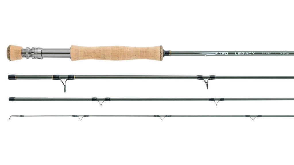 TFO Legacy 9-foot 7-weight laid out in four sections, the butt with a full-wells cork grip, metal reel seat and short cork fighting butt (photo: TFO)
