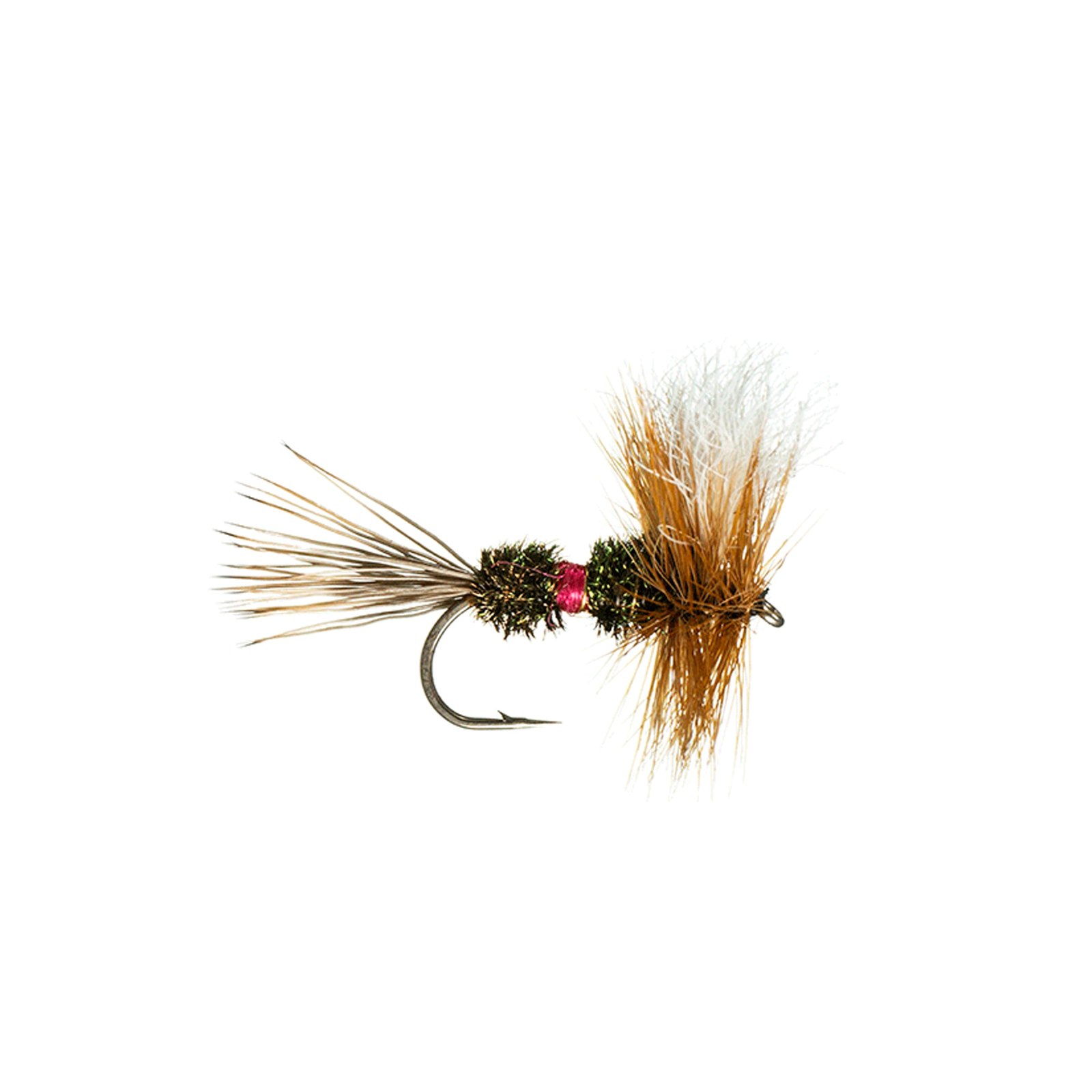 A Royal Wulff dry fly — peacock herl body split by a red floss band, a brown deer-hair tail, upright white calf-hair wings and a bushy brown hackle collar (photo: retailer product photo)