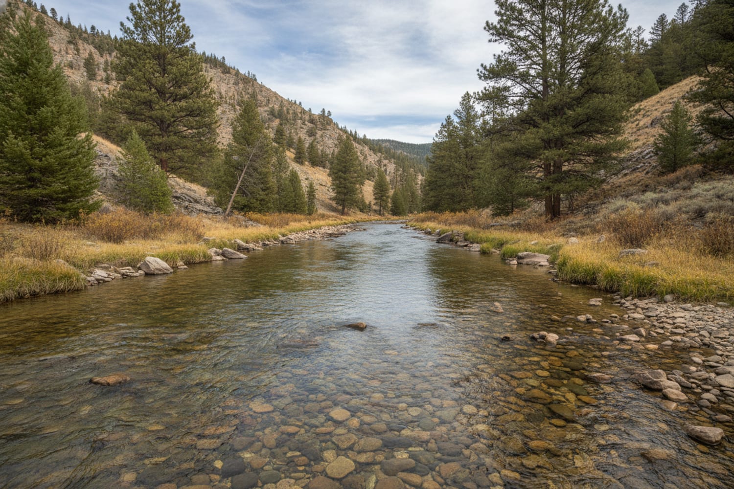 A clear South Platte tailwater run over cobble between low pine-dotted canyon slopes