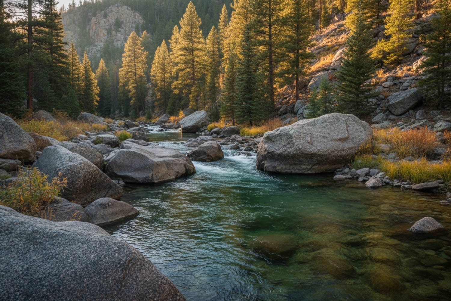 Cheesman Canyon on the South Platte, clear emerald pocket water between massive granite boulders and steep pine slopes