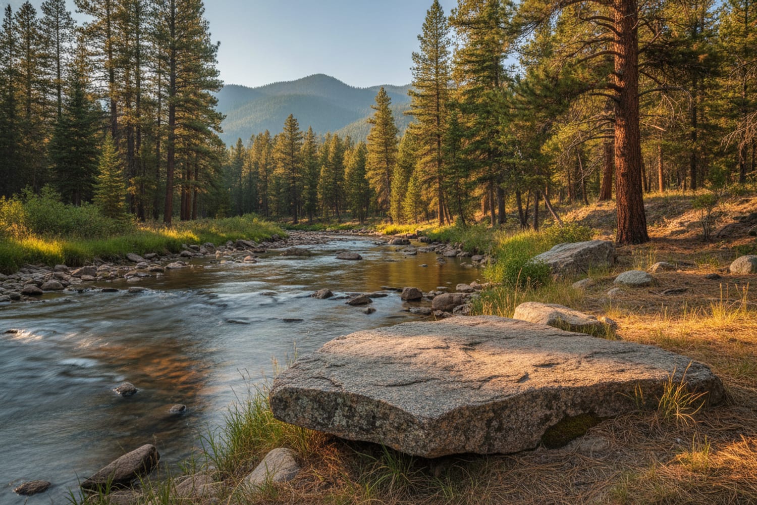 A flat granite rock above a clear South Platte run — a good place to sit out the midday lull