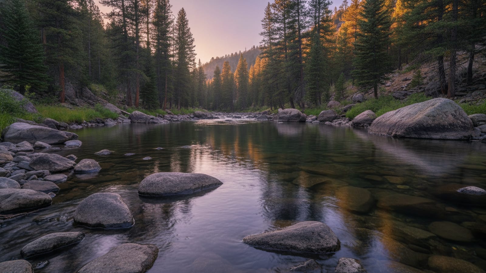 A calm South Platte pool at golden hour