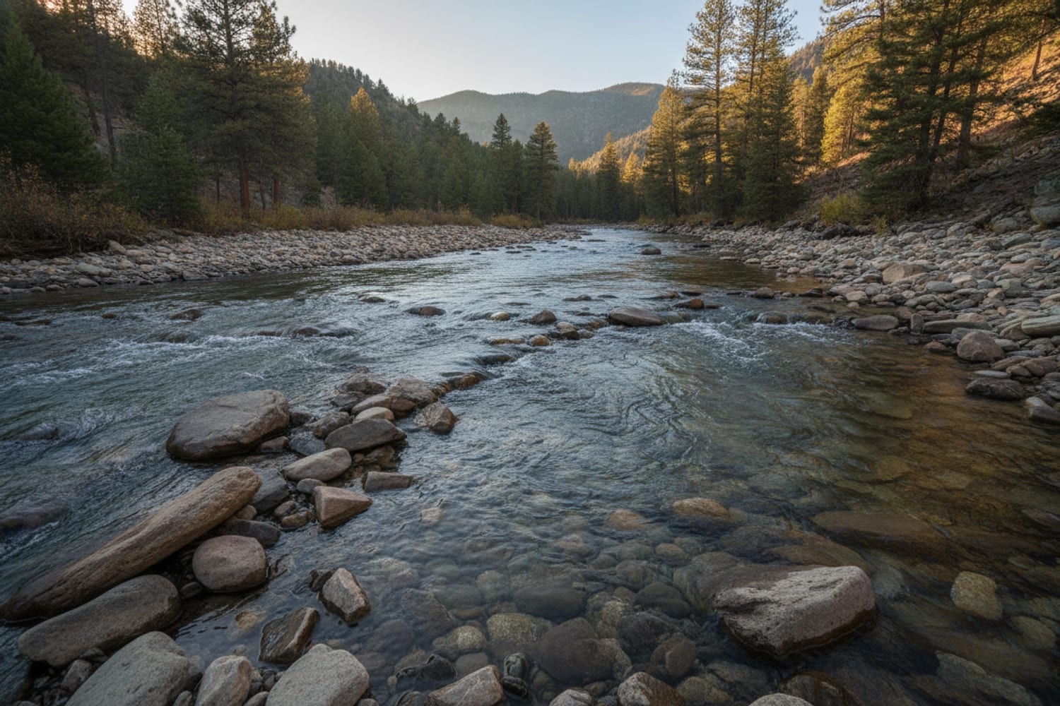 A clear South Platte tailwater run over cobble between low pine-dotted canyon slopes