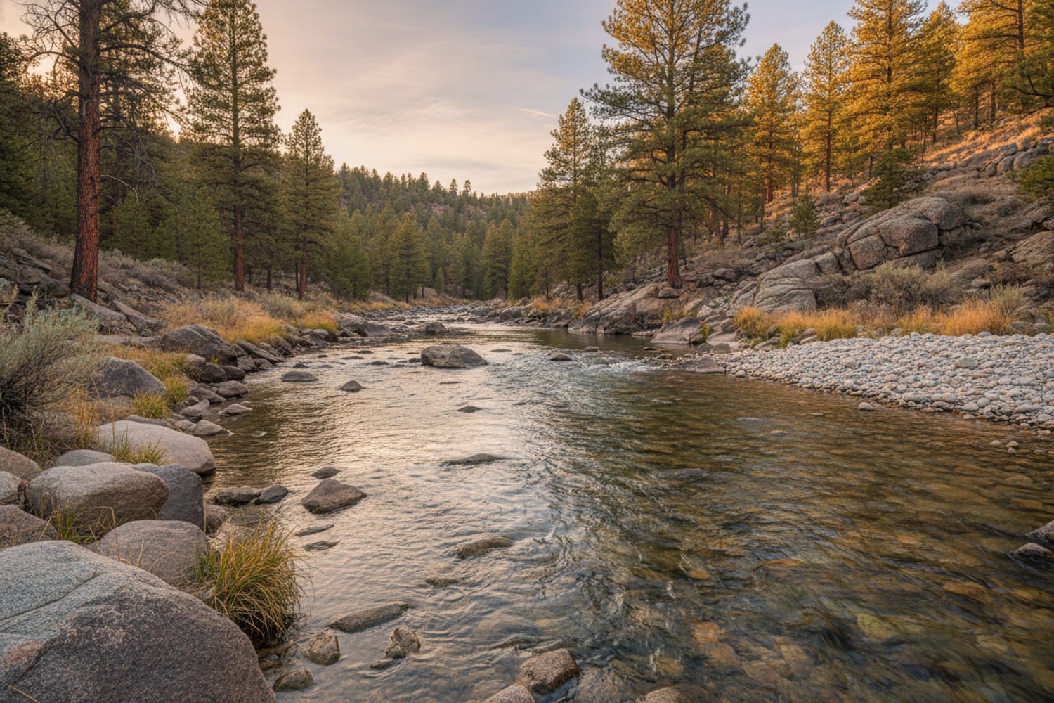 The South Platte at Deckers, a clear run between open ponderosa-pine canyon slopes and granite, gravel bars