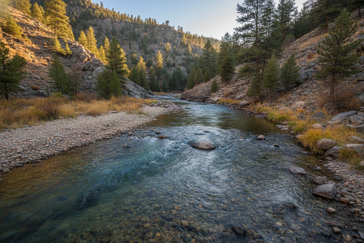 The South Platte at Deckers, a clear run between open ponderosa-pine canyon slopes and granite, gravel bars
