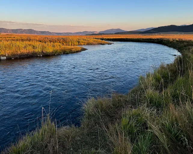 The Dream Stream winding through open South Park meadow at golden hour