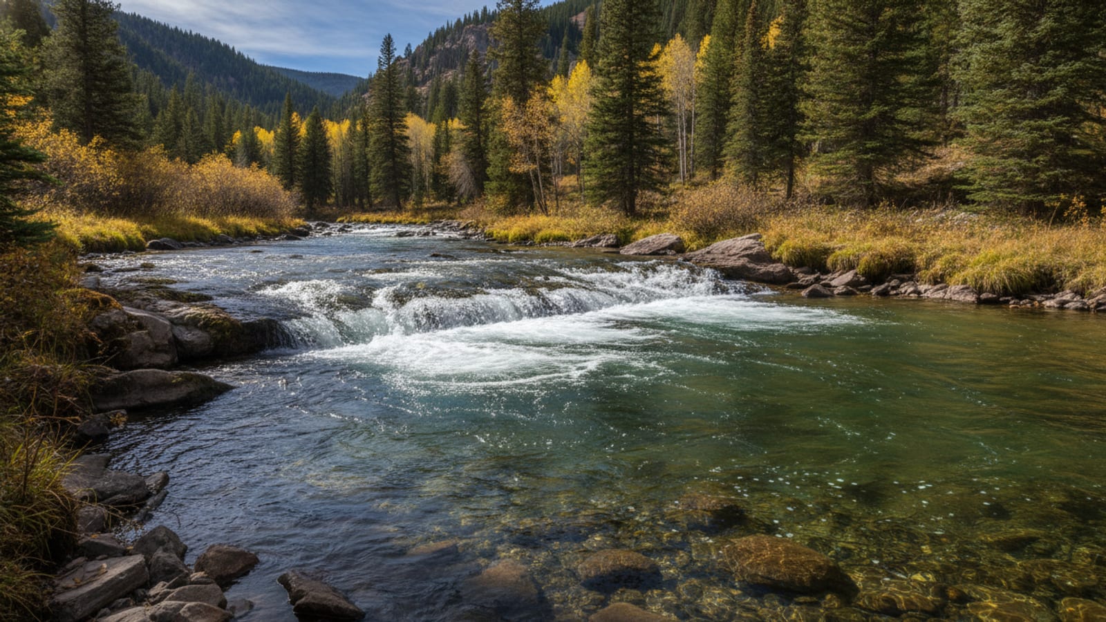 A bright South Platte riffle and run, classic dry-dropper water