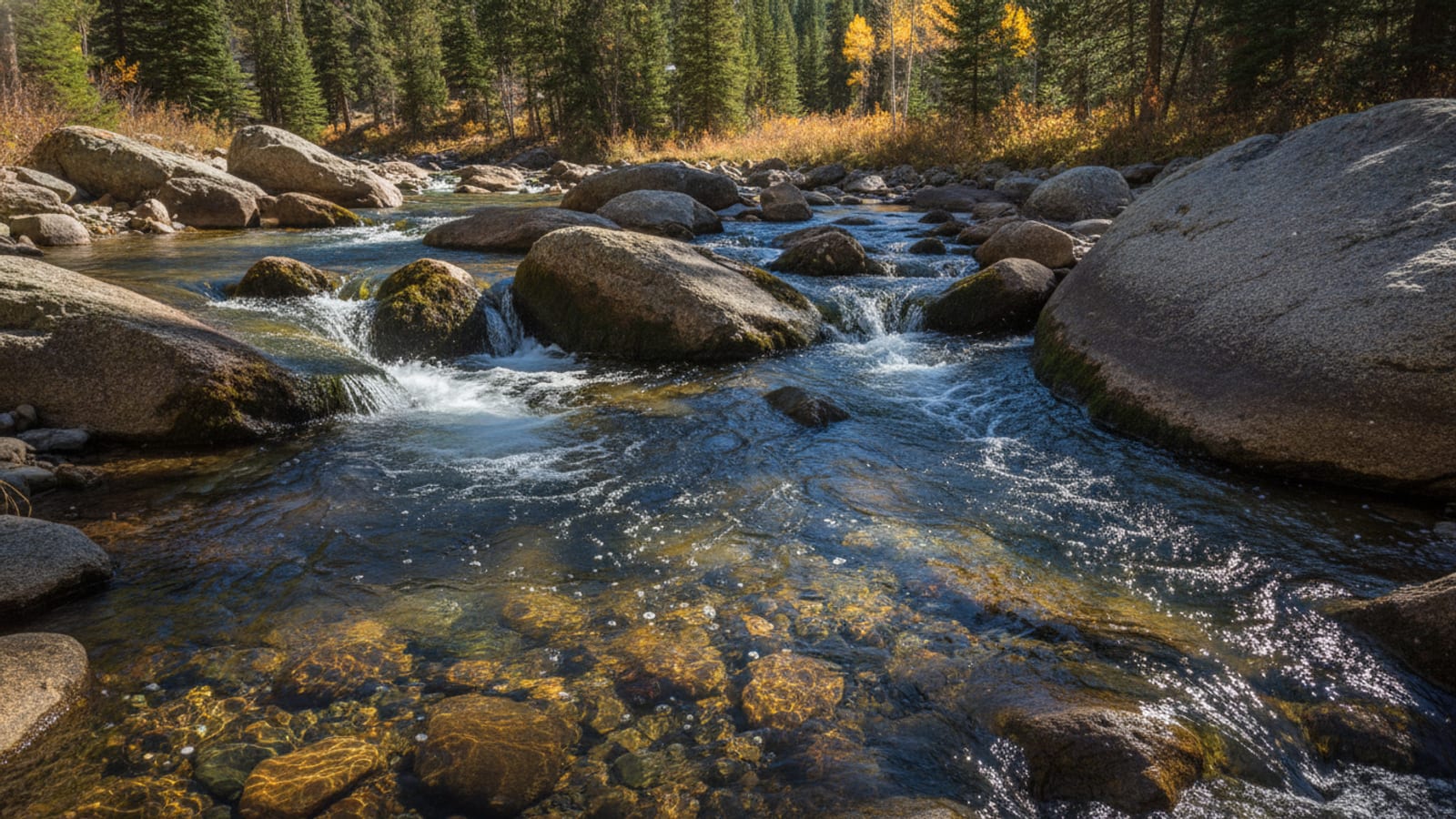 South Platte pocket water threading around granite boulders