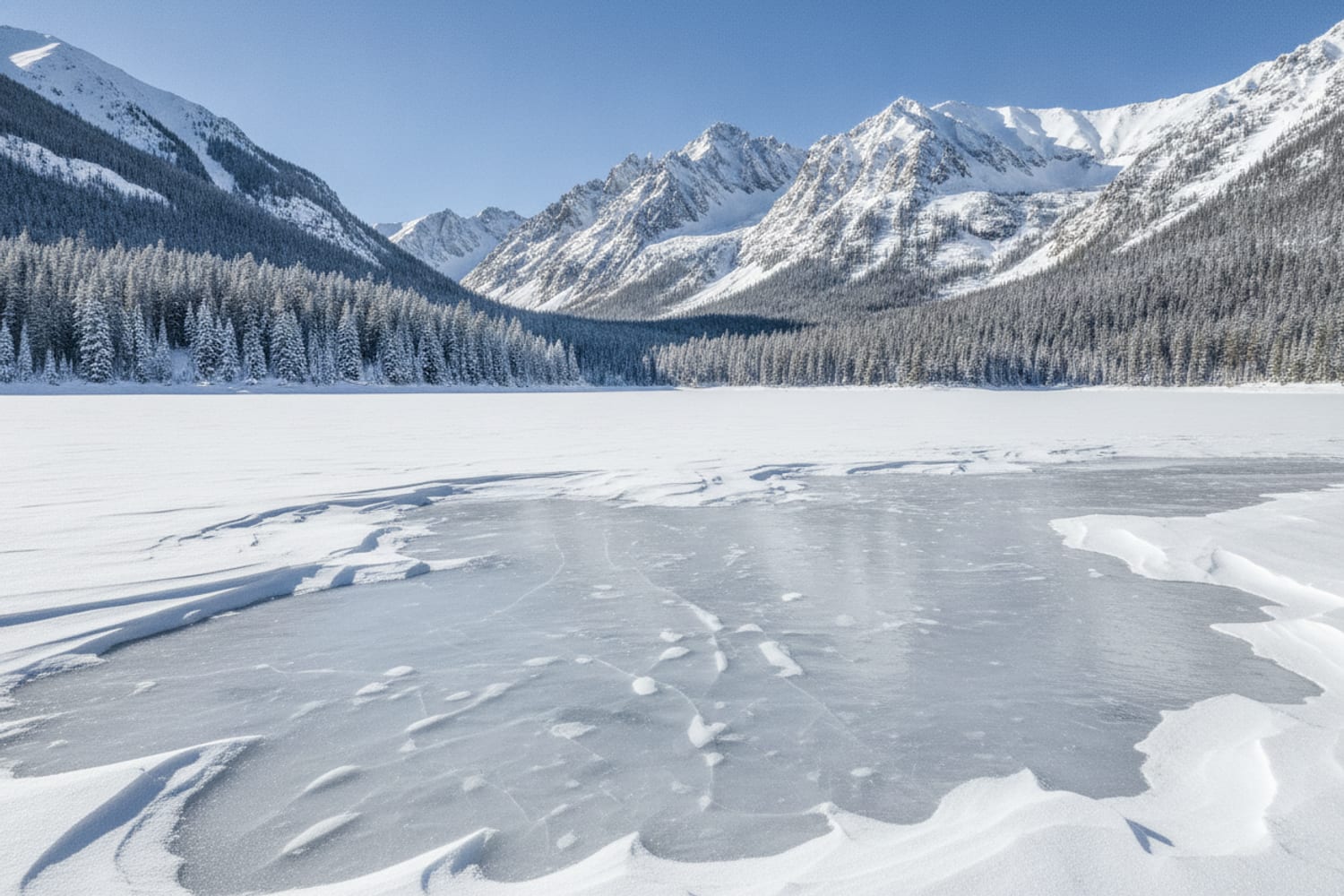A frozen Colorado high-country reservoir in winter, wind-swept snow over thick ice, distant snowy pines and peaks