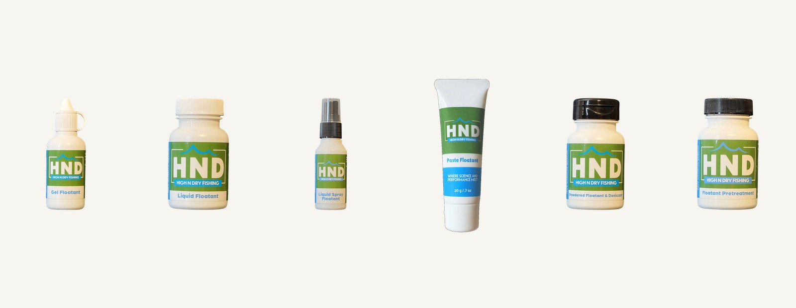 Six High N Dry floatant products in a row — gel, liquid, spray, paste, powder-and-desiccant and pre-treatment — the shelf that makes this confusing (photo: High N Dry Fishing Products)