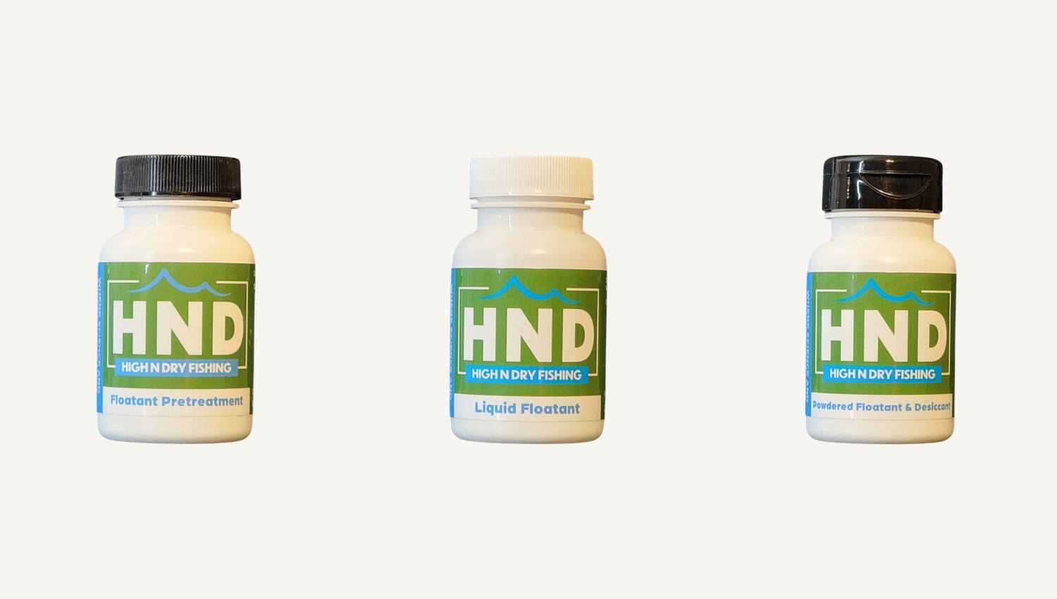 The three High N Dry bottles I carry — Floatant Pretreatment, Liquid Floatant, and Powdered Floatant & Desiccant (photo: High N Dry Fishing Products)