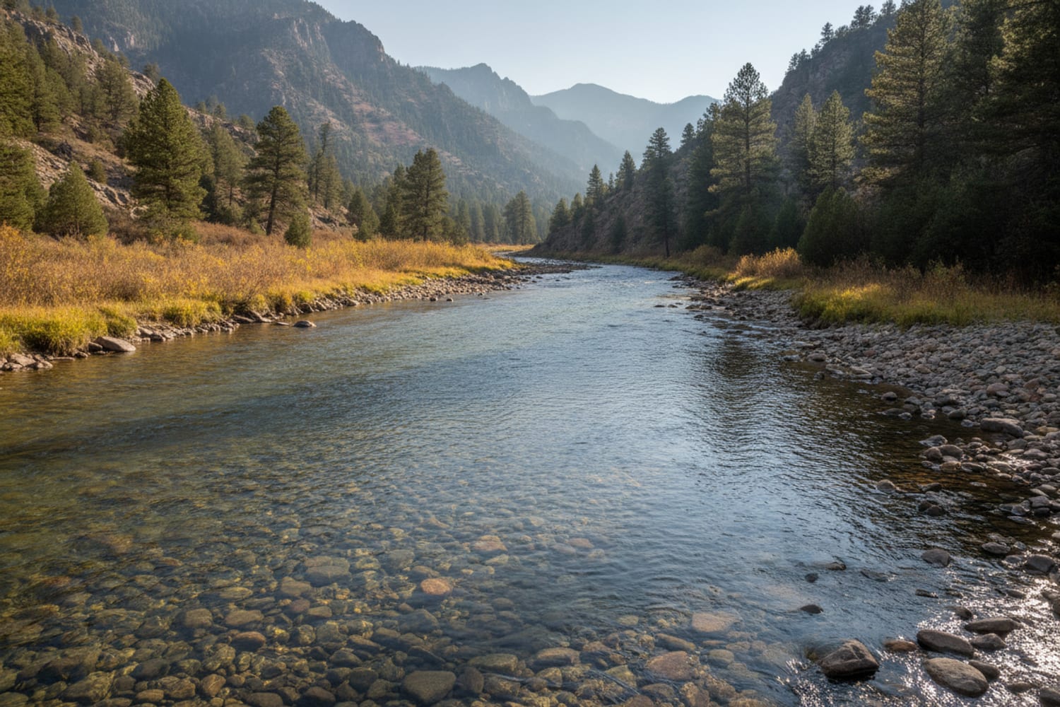 A clear South Platte tailwater run over cobble between low pine-dotted canyon slopes