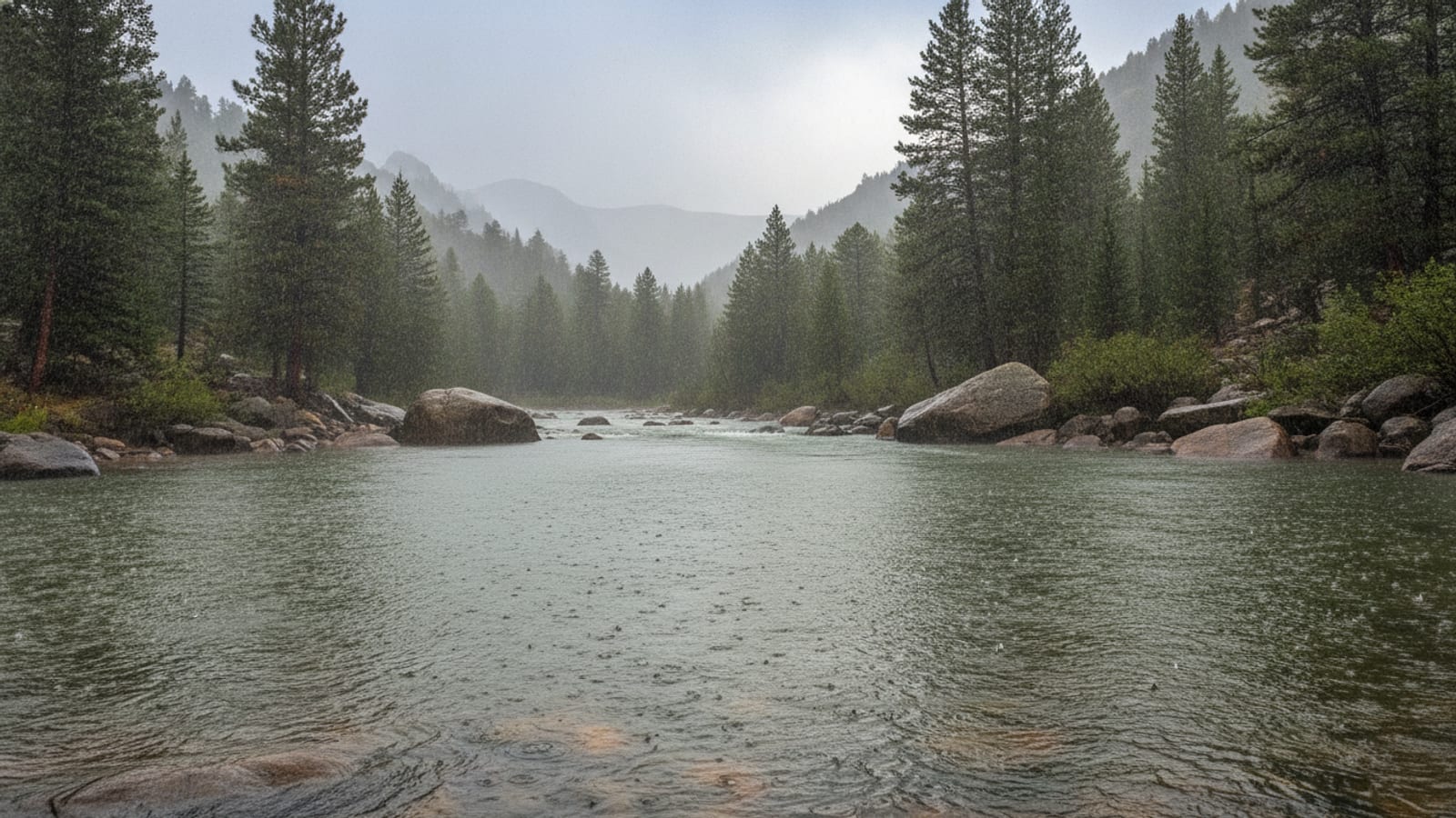 A moody South Platte tailwater in steady summer rain