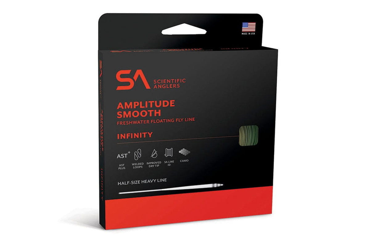 A Scientific Anglers Amplitude Smooth Infinity box — black and red packaging reading 'freshwater floating fly line', a swatch of olive camo line, icons for AST Plus, welded loops and improved dry tip, and along the bottom the words 'half-size heavy line'