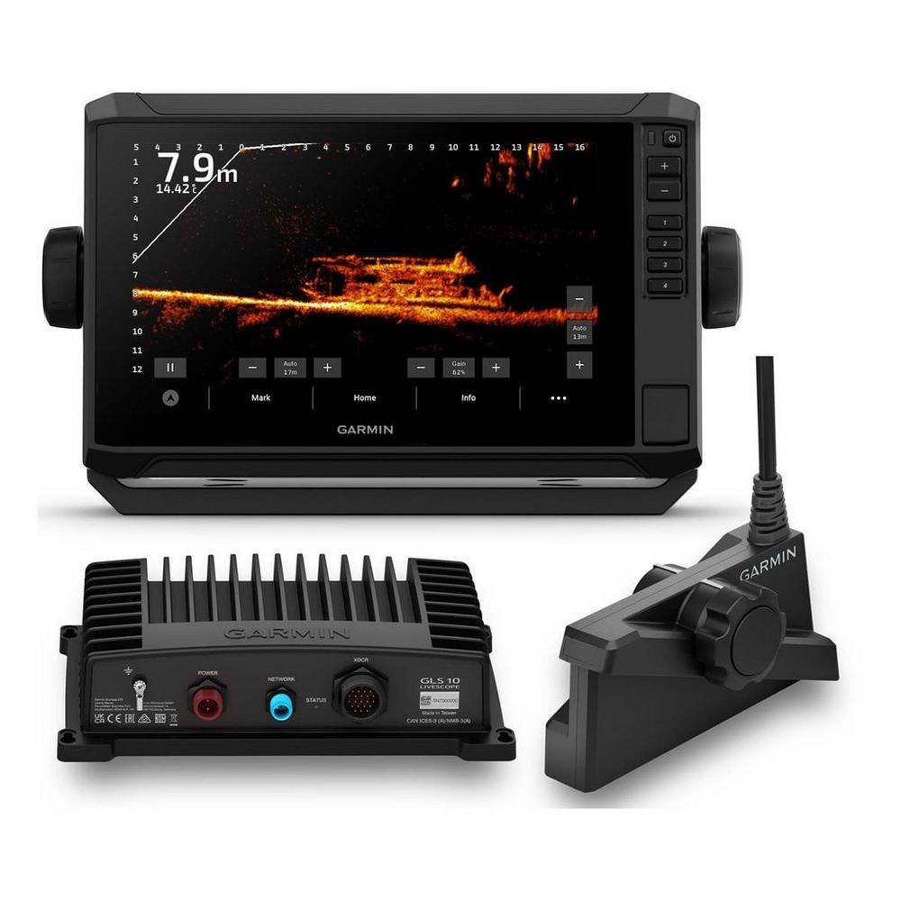 The Garmin ECHOMAP UHD2 93sv screen, GLS10 module, and LVS34 transducer — the sonar brain of my ice setup (photo: Garmin)