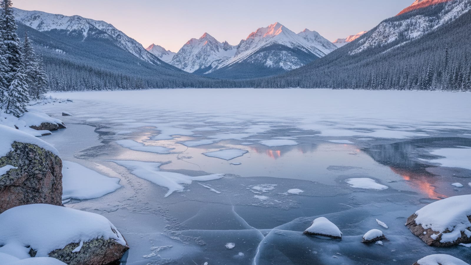 A frozen high-country Colorado reservoir at winter sunrise
