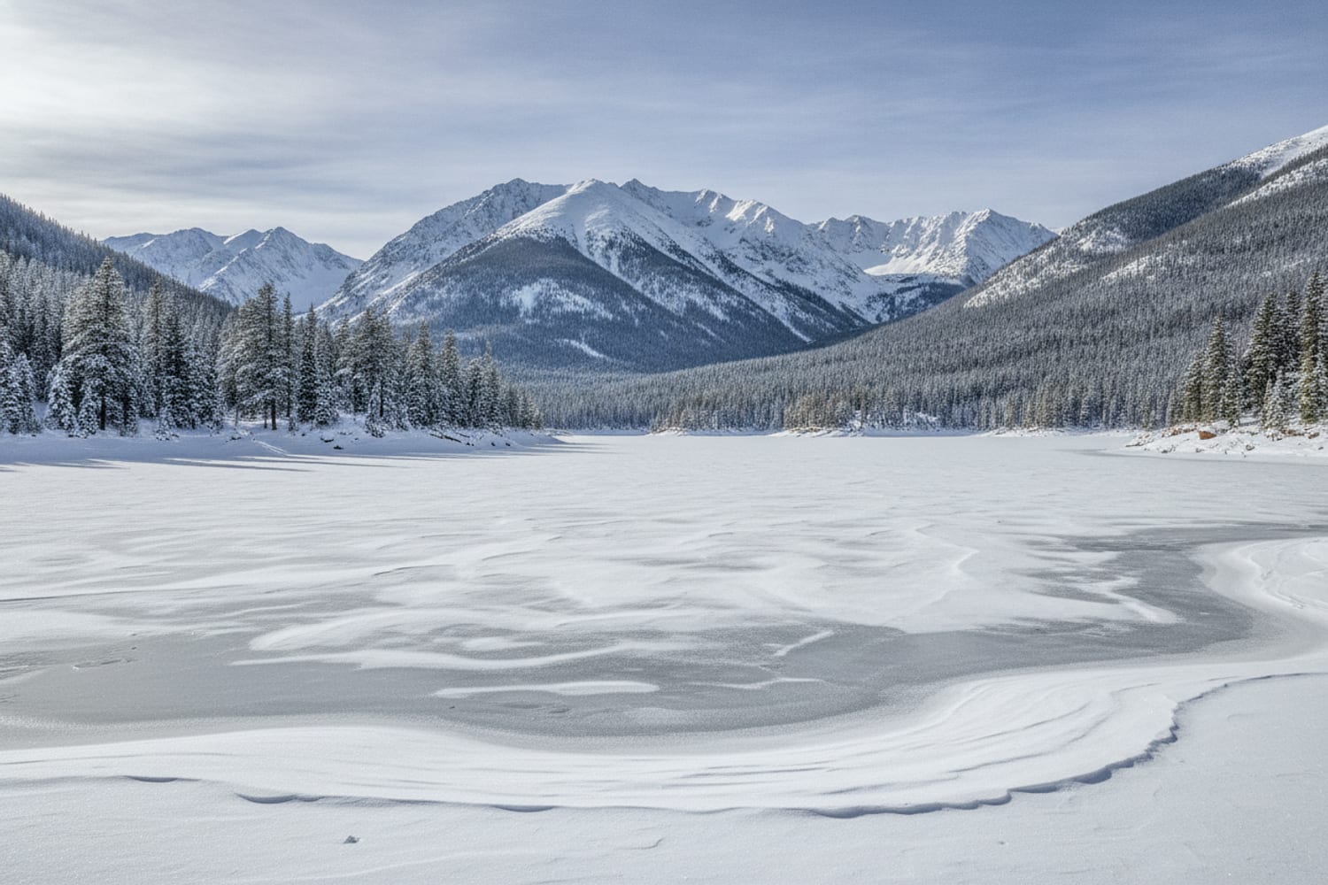 A frozen Colorado high-country reservoir in winter, wind-swept snow over thick ice, distant snowy pines and peaks