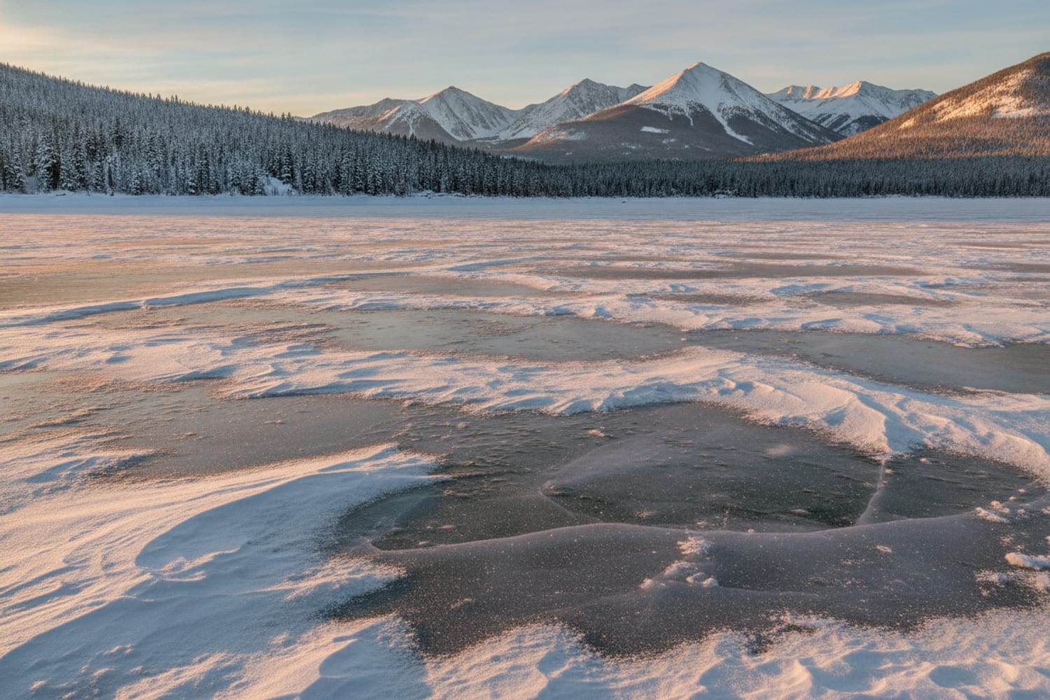 A frozen Colorado high-country reservoir in winter, wind-swept snow over thick ice, distant snowy pines and peaks