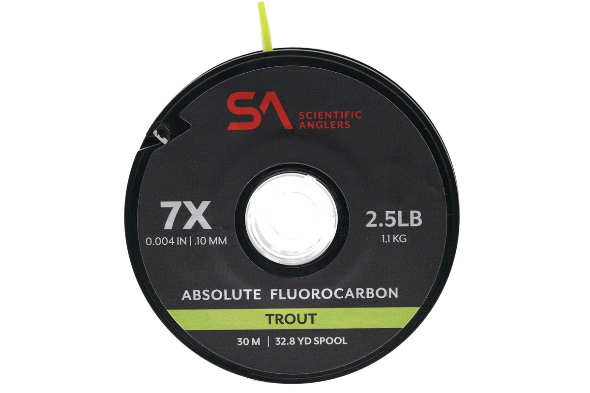 A Scientific Anglers Absolute fluorocarbon trout tippet spool, its label reading 7X, 0.004 in / .10 mm, 2.5 lb, 30 m