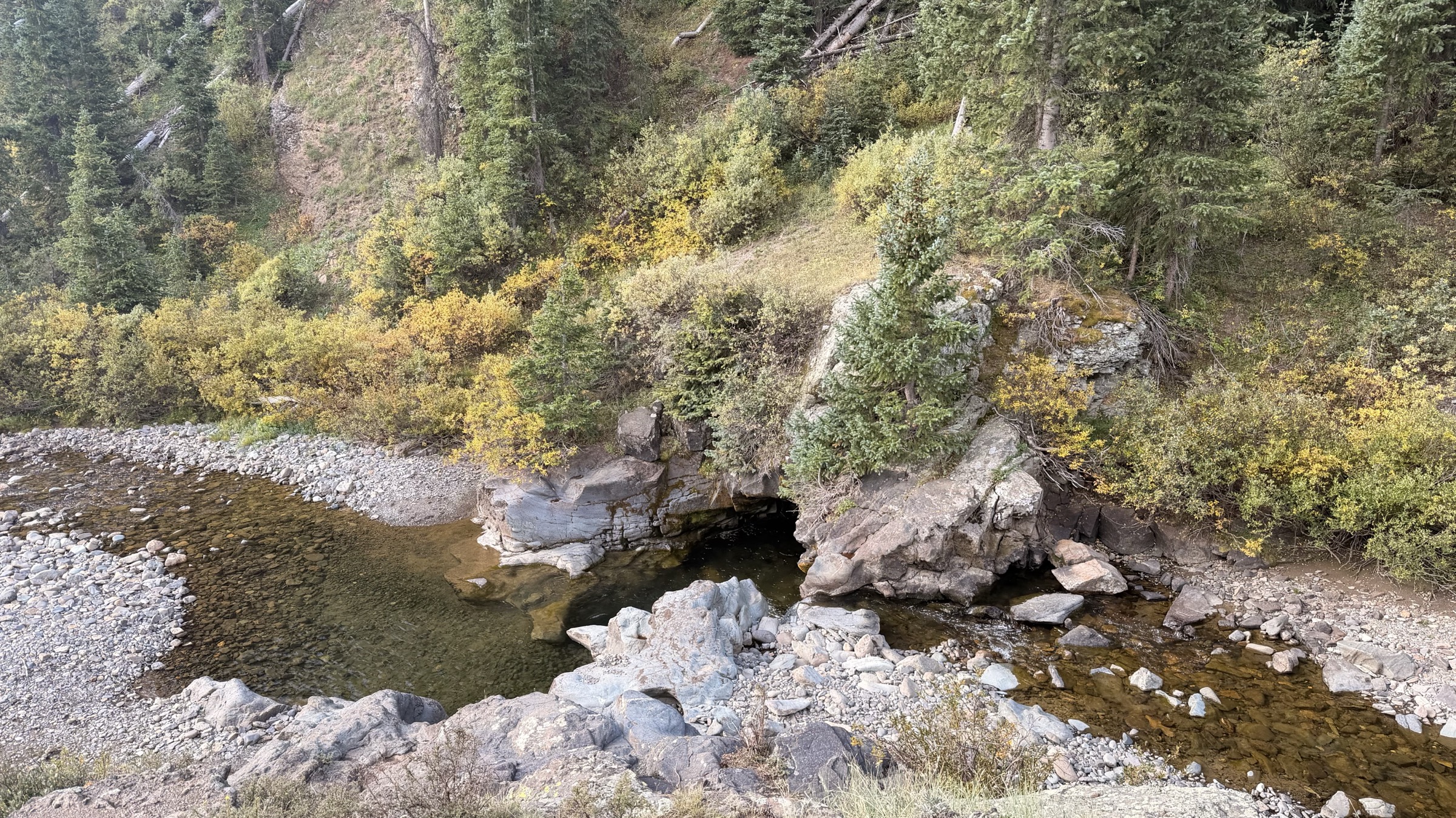 A small Colorado backcountry creek pool framed by fall color — the kind of intimate blue-line water where a minimalist lanyard is all the carry you need