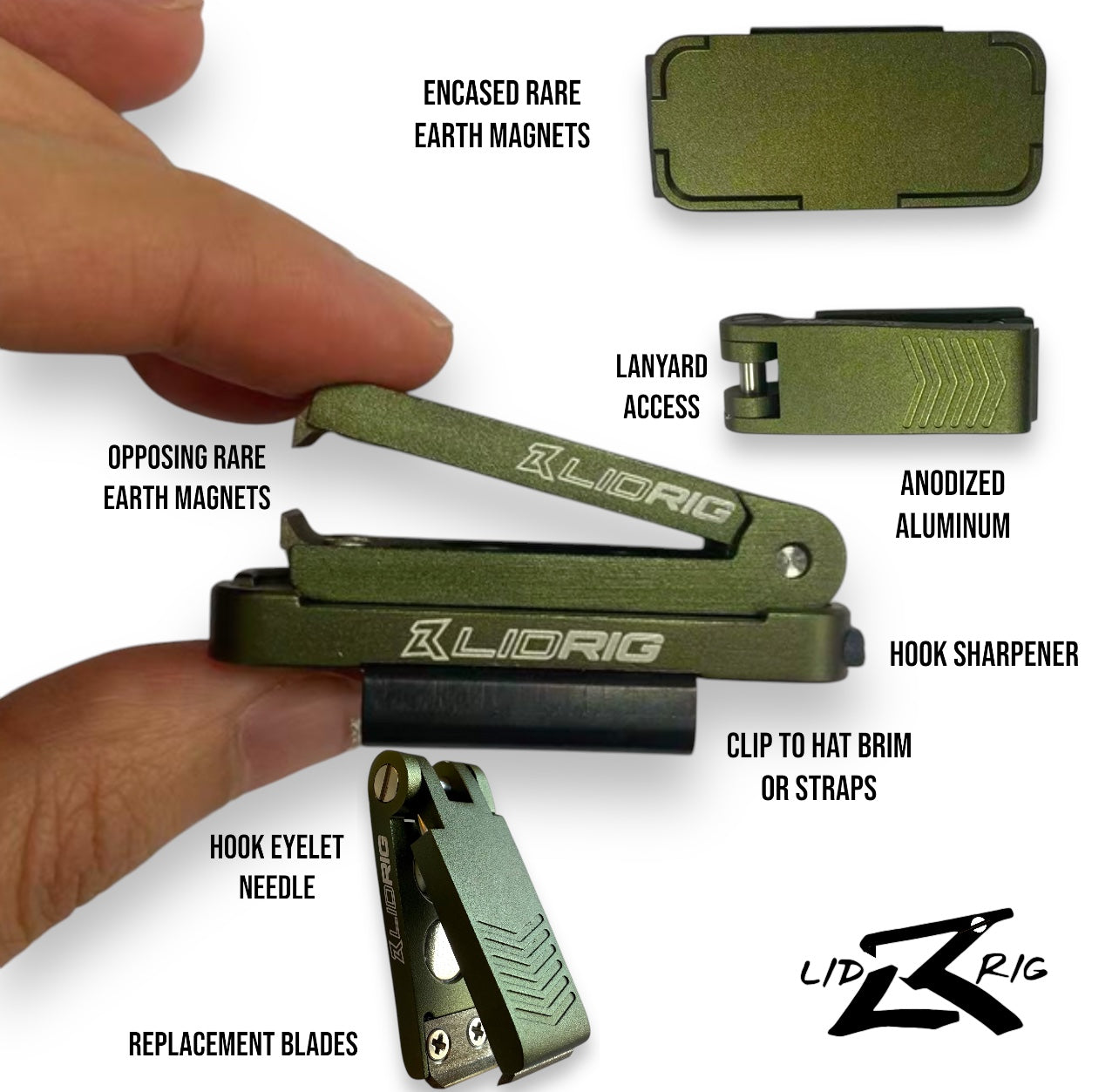 An annotated olive Lid Rig 3.0 nipper docked on its Stash Tray, held between two fingers; callouts label the encased and opposing rare-earth magnets, anodized aluminum, and lanyard access, the hook-eyelet needle and replaceable blades on the nipper, and the hook sharpener and hat-brim clip on the tray (photo: Lid Rig)