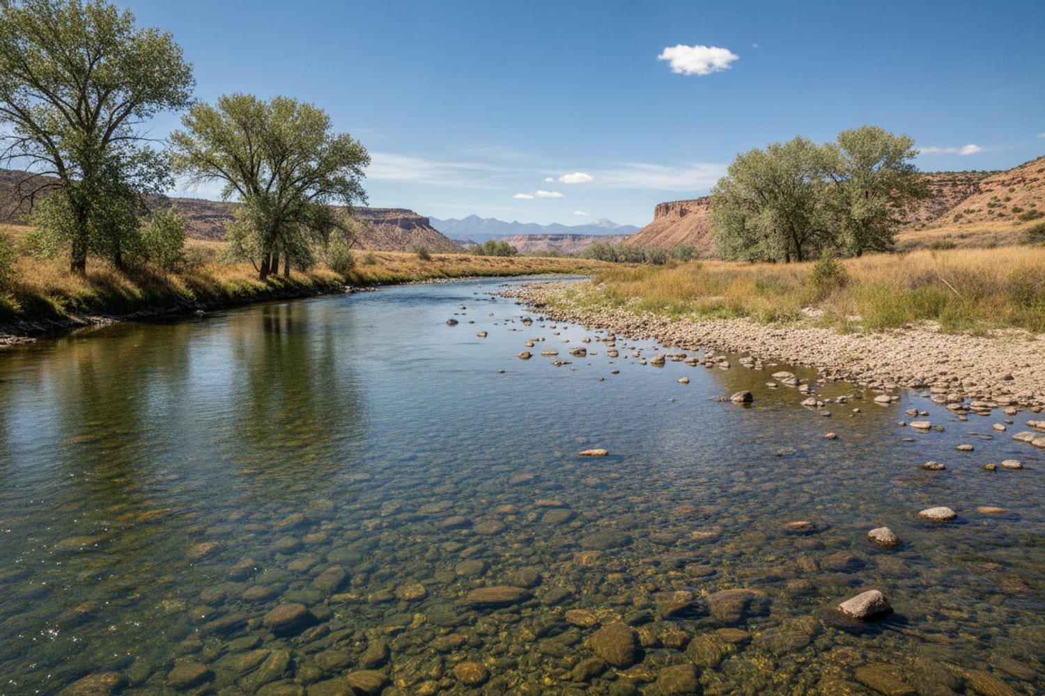A Front Range tailwater below a reservoir dam in green-cottonwood season — clear water over cobble, shelves and inside bends, the daylight version of the water you fish in the dark