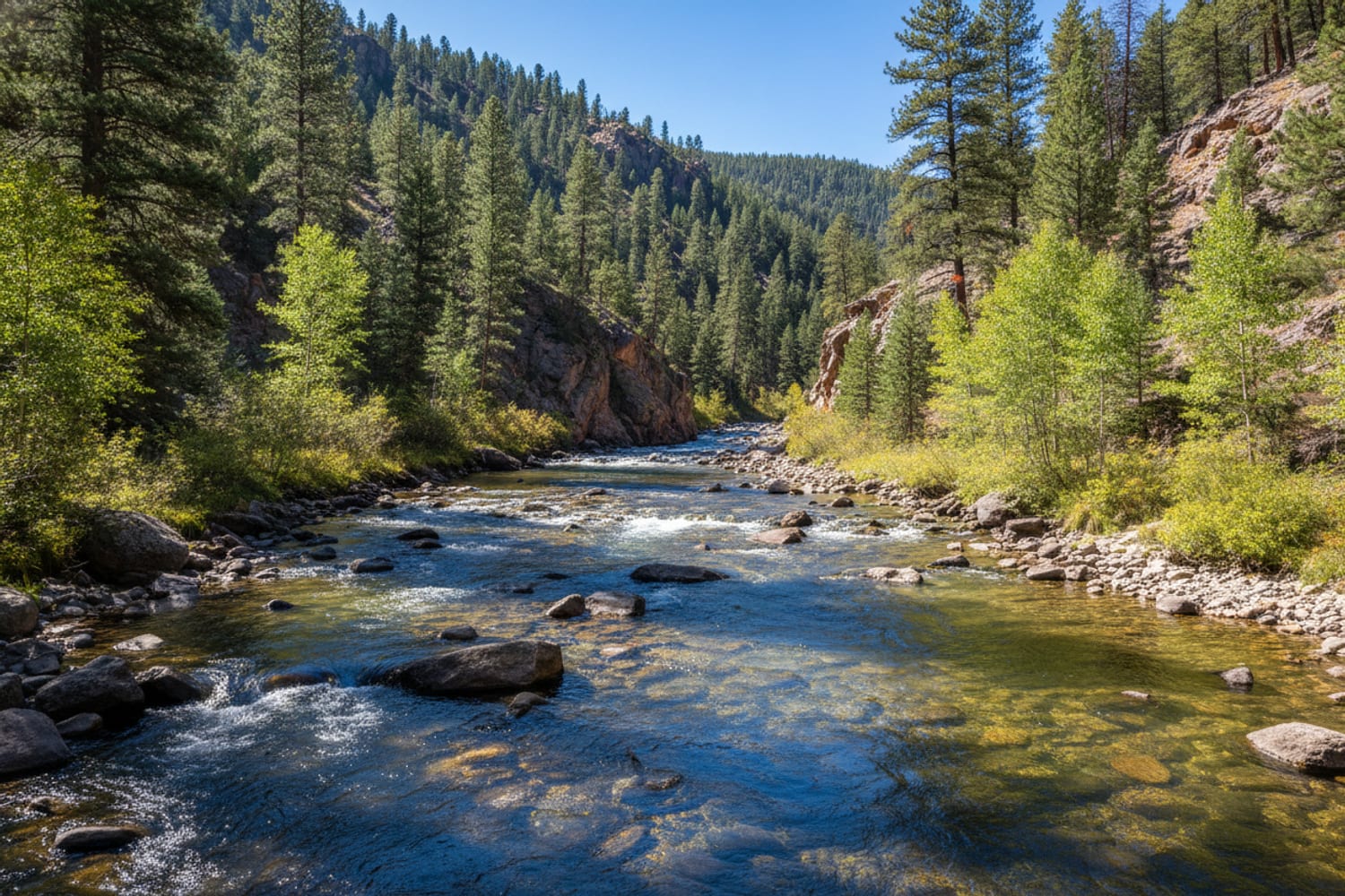 A clear South Platte tailwater run over cobble between low pine-dotted canyon slopes