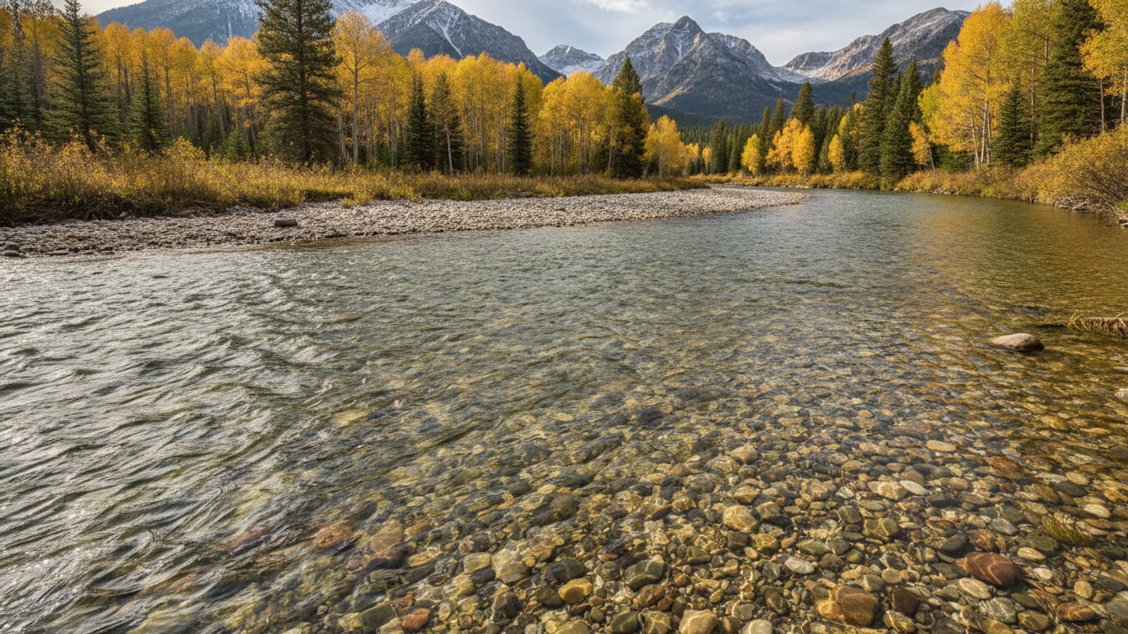Crystal-clear shallow tailwater over a bright gravel bed