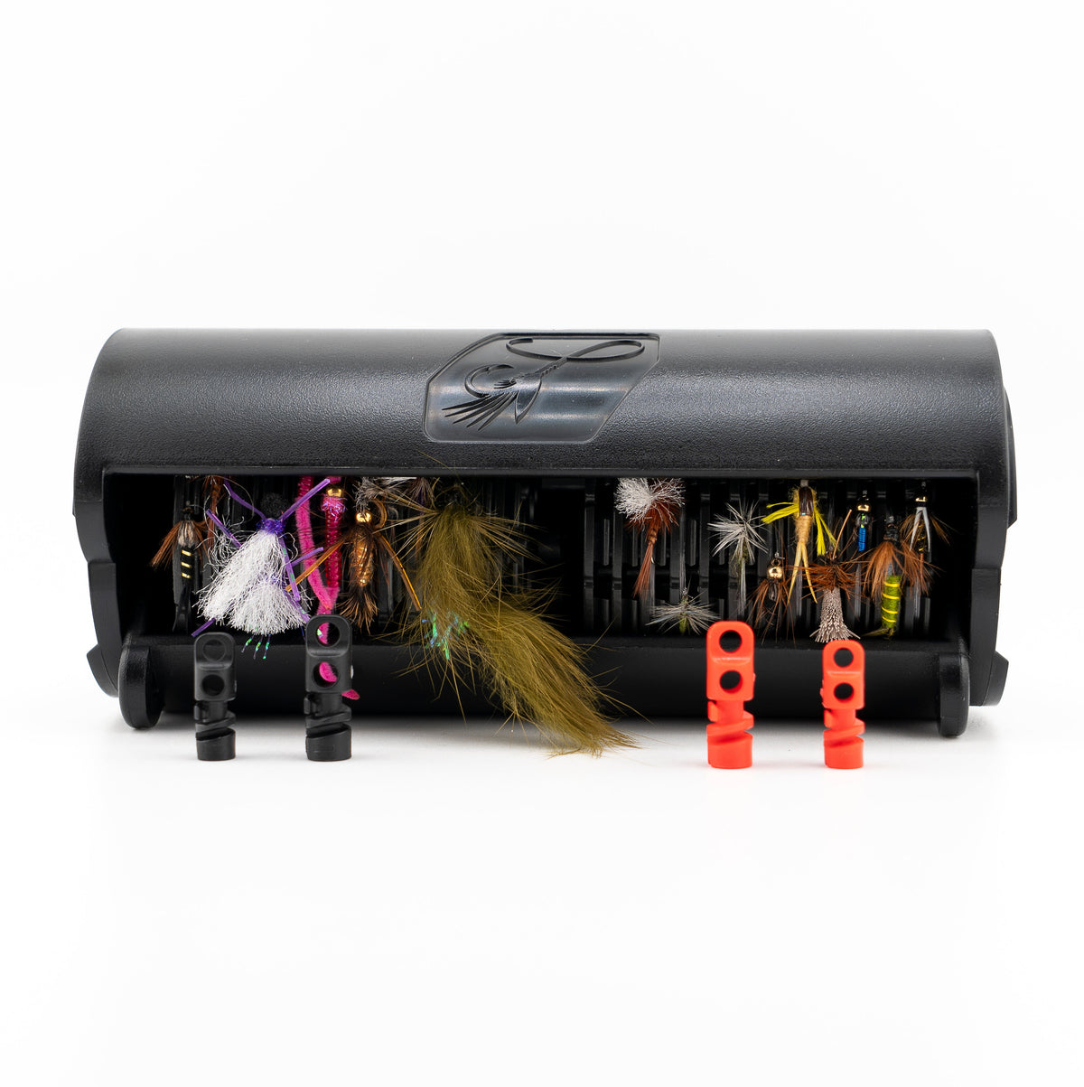 The open case with a full row of pre-tied rigs and both Quick Connect styles lined up in front (photo: Flytime Fishing)
