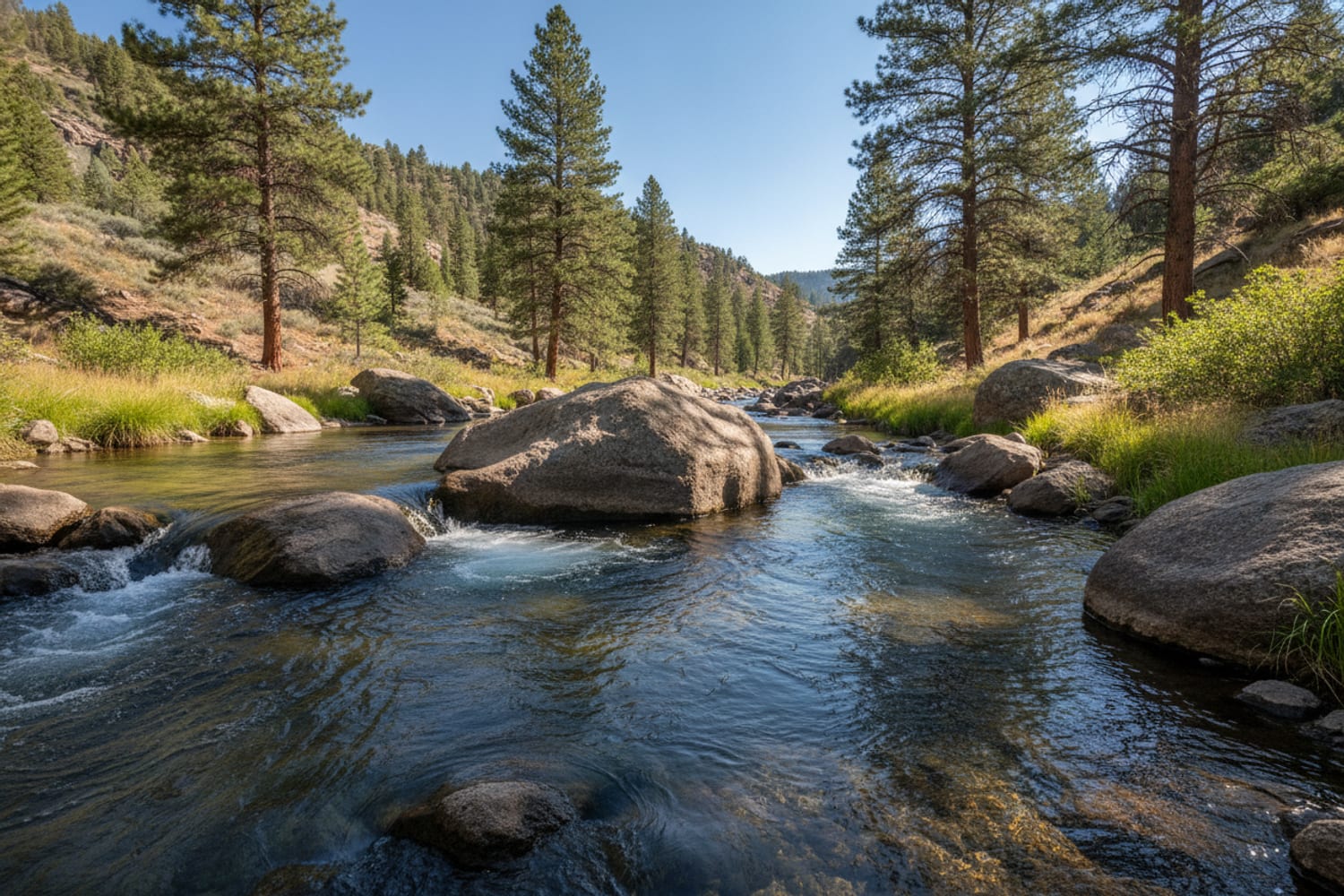 Pocket water breaking around granite boulders on a Colorado mountain stream — the seams and cushions where trout hold