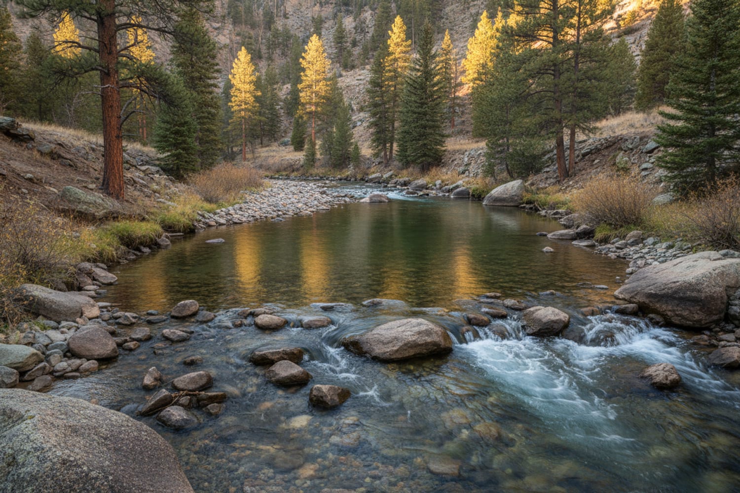 A slower, wider Colorado river run — the kind of pool-and-tailout water where fish stack at the drop into the next riffle