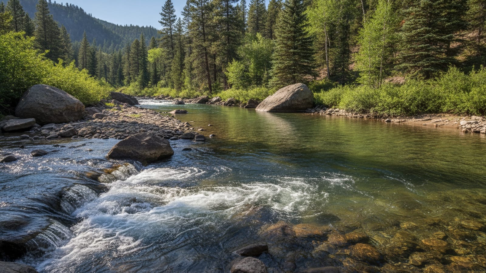 A South Platte run with riffle, seam, and deep slot