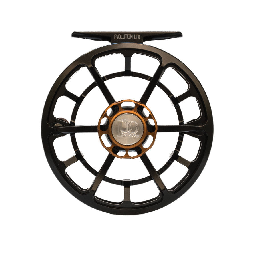 The Ross Evolution LTX large-arbor fly reel in black with an orange drag knob (photo: Ross Reels)