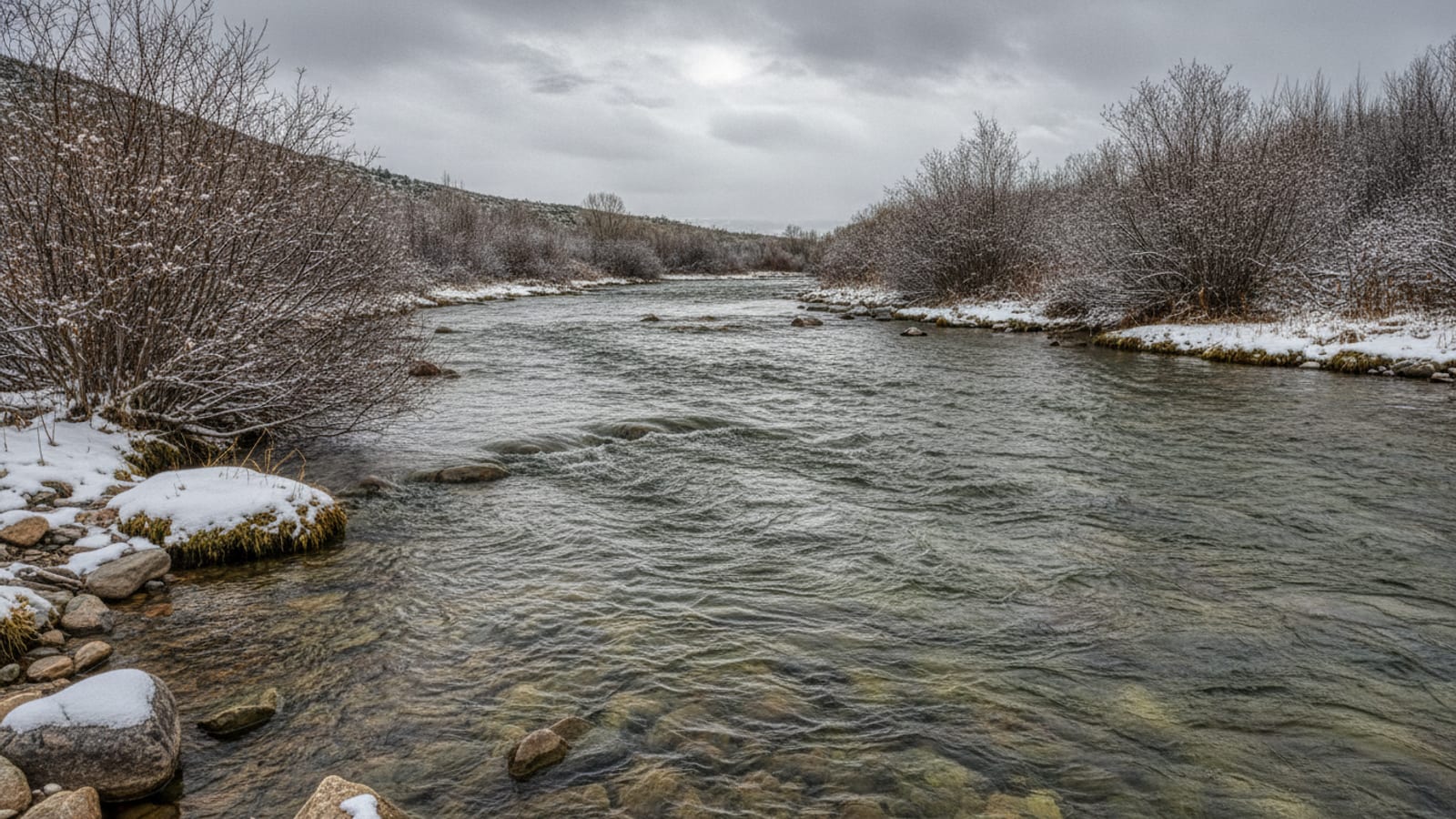 A cold, blustery Colorado tailwater under a gray sky