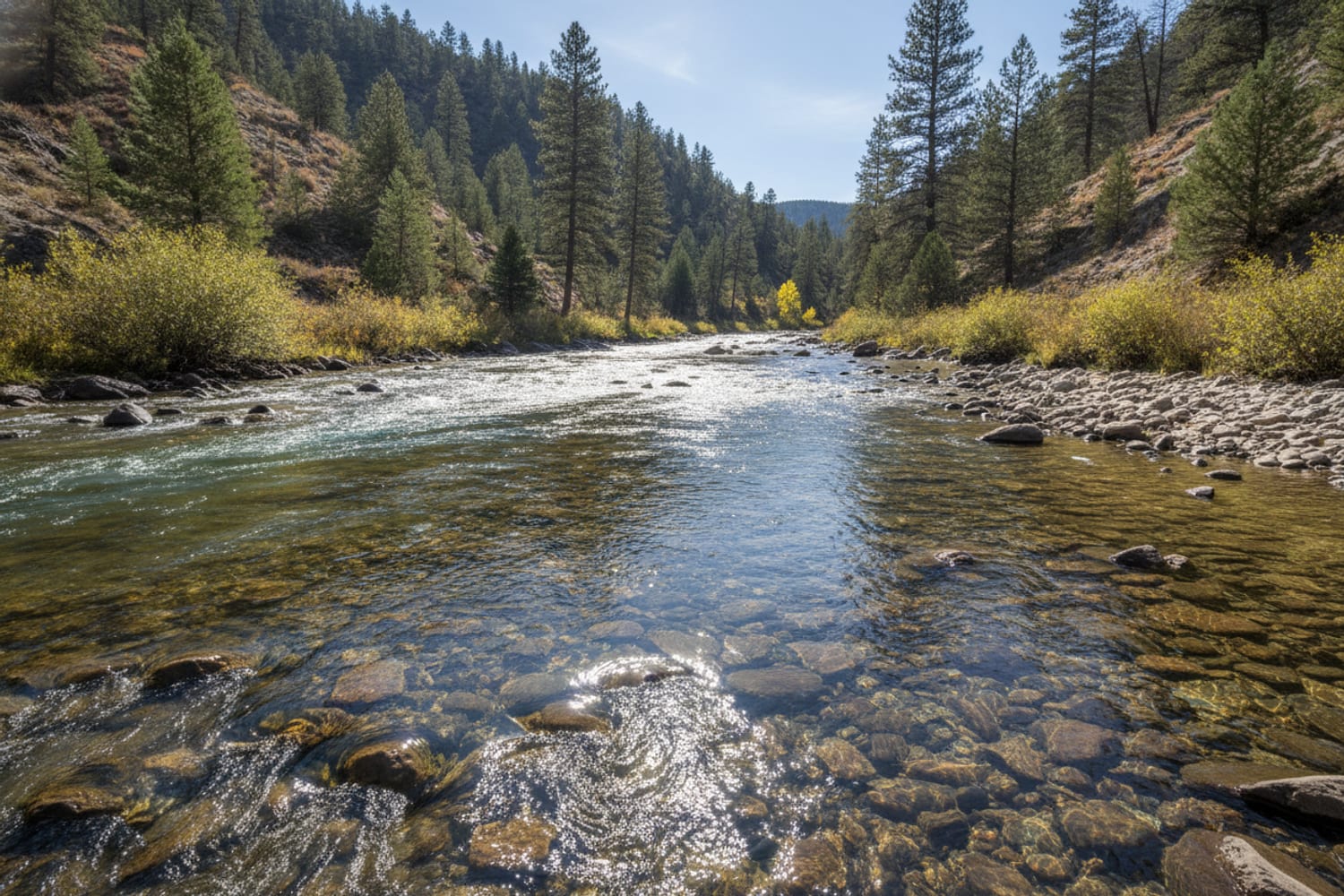 A clear South Platte tailwater run over cobble between low pine-dotted canyon slopes