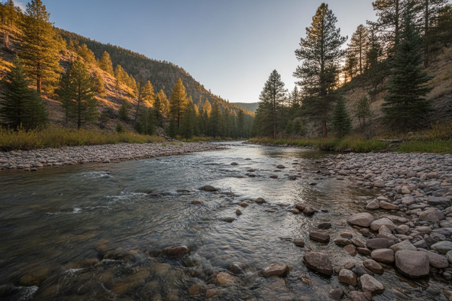 A clear South Platte tailwater run over cobble between low pine-dotted canyon slopes