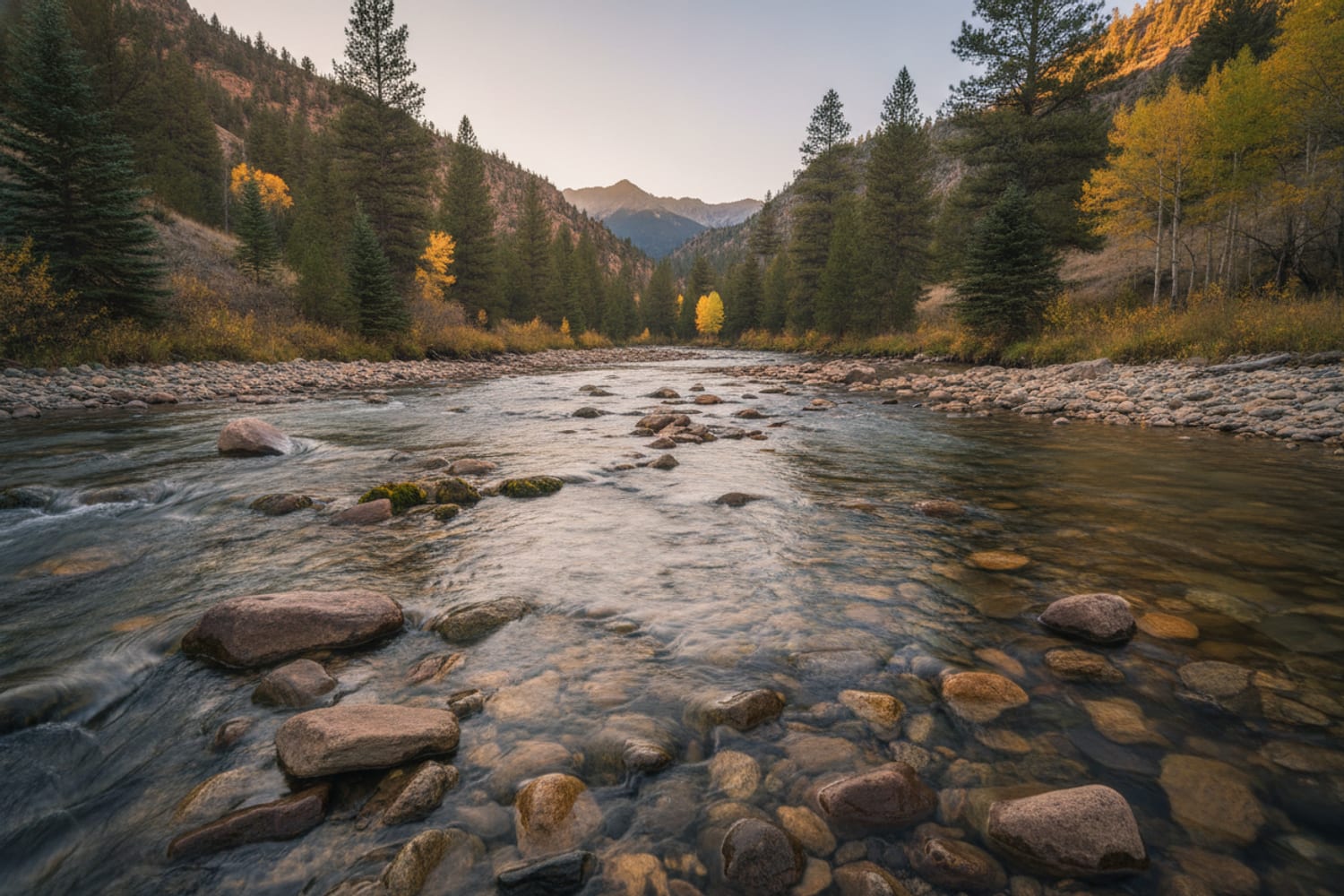 A clear South Platte tailwater run over cobble between low pine-dotted canyon slopes