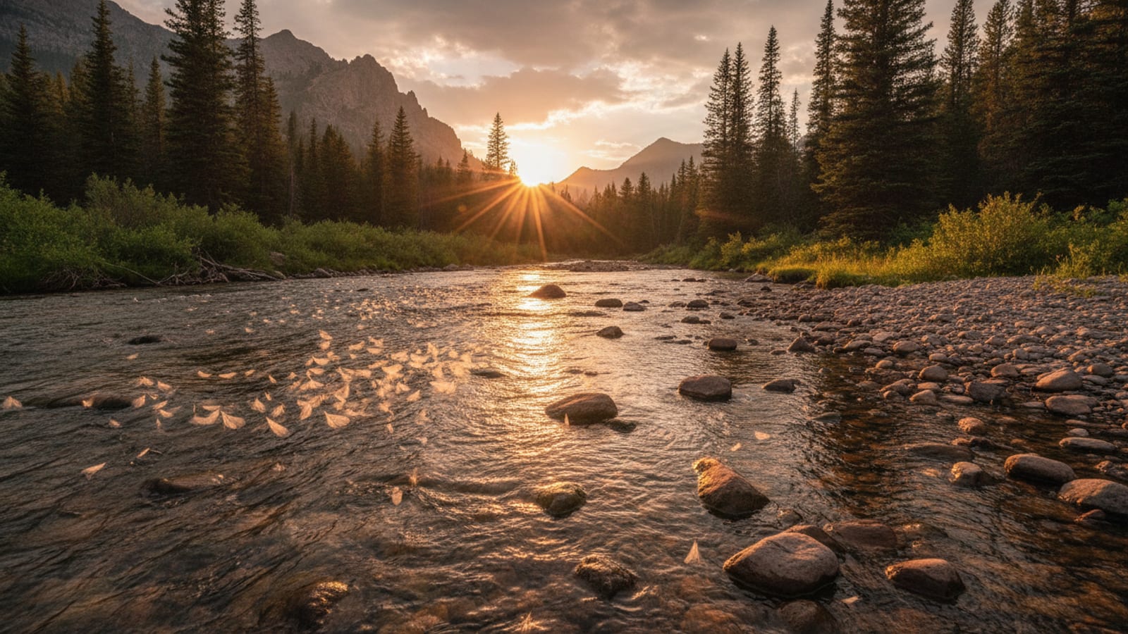 A South Platte tailwater at golden hour during a hatch
