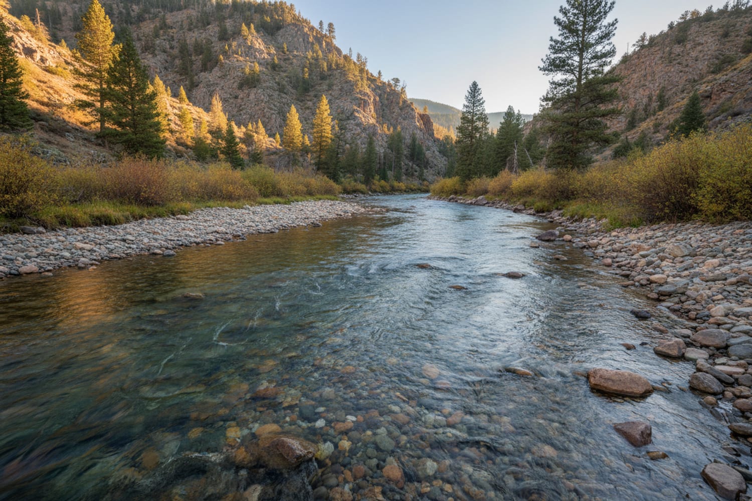 A clear South Platte tailwater run over cobble between low pine-dotted canyon slopes