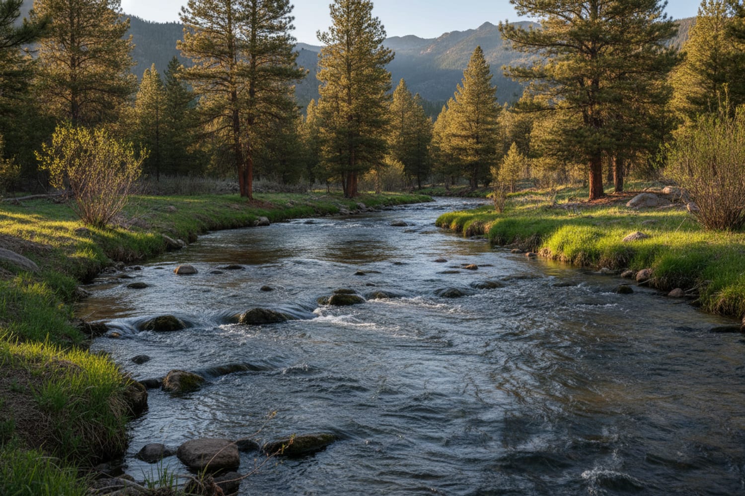 A South Platte tailwater in spring, fuller clear water over cobble, fresh green banks and ponderosa pines