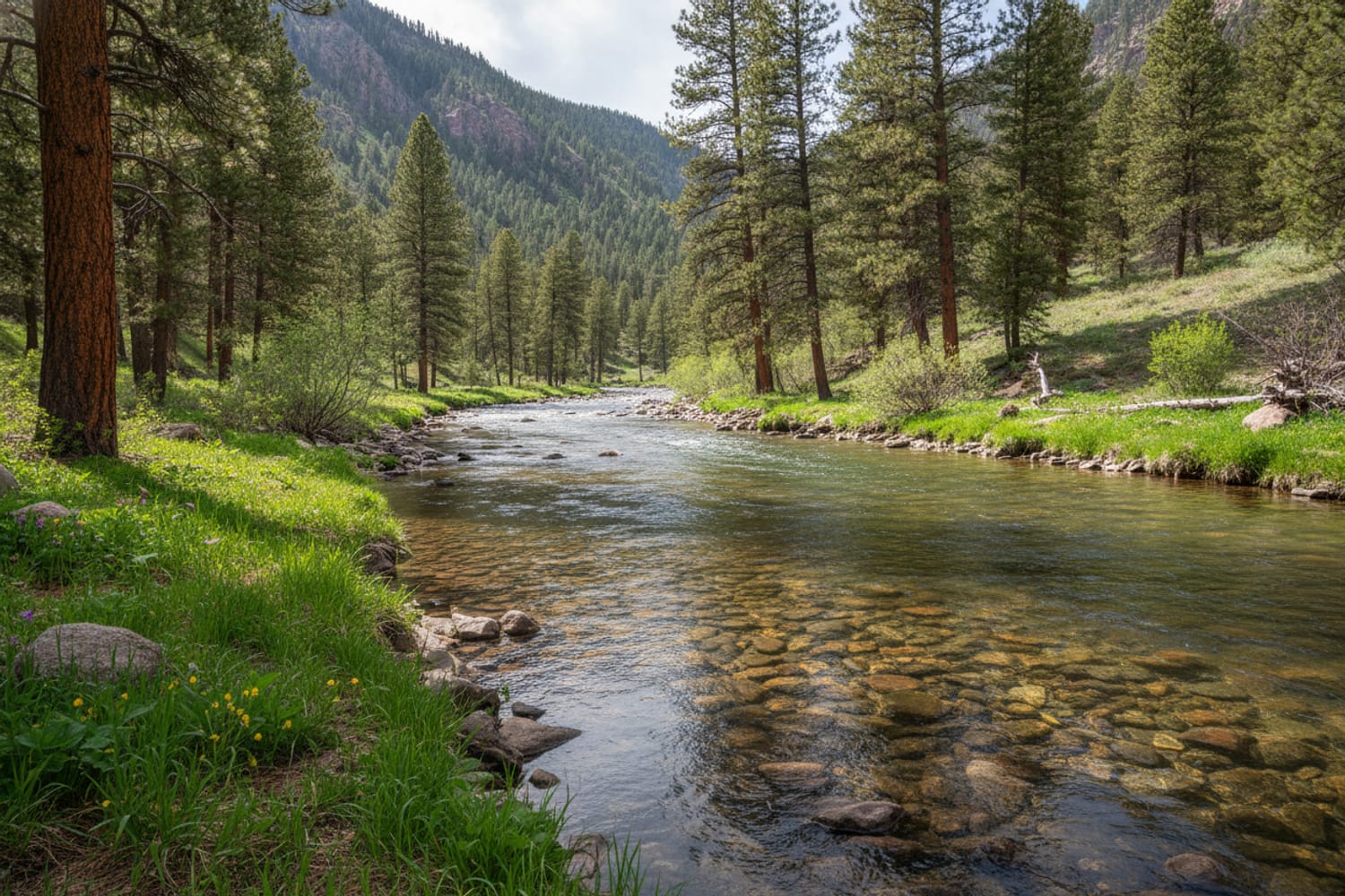 A South Platte tailwater in spring, fuller clear water over cobble, fresh green banks and ponderosa pines