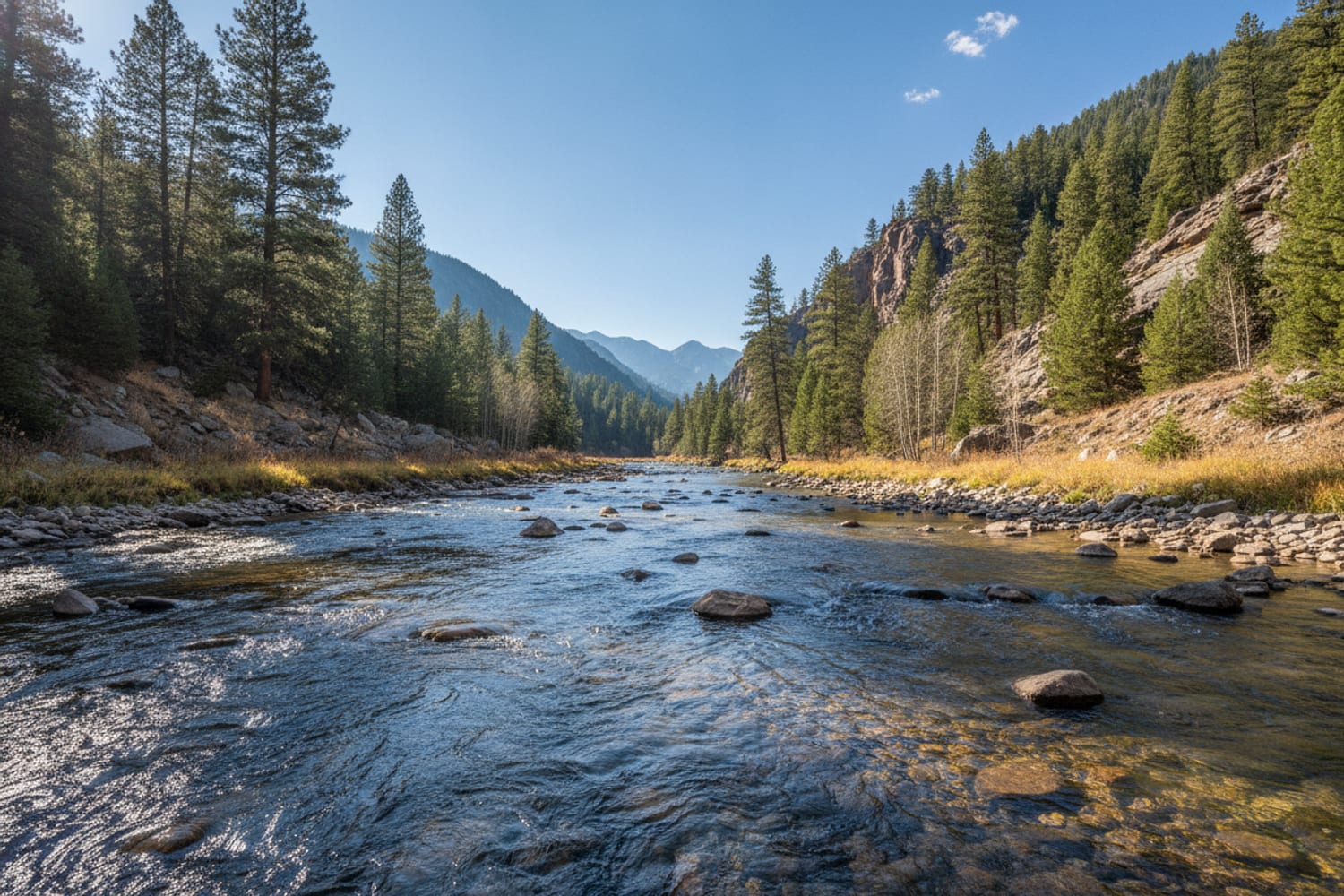 A clear South Platte tailwater run over cobble between low pine-dotted canyon slopes