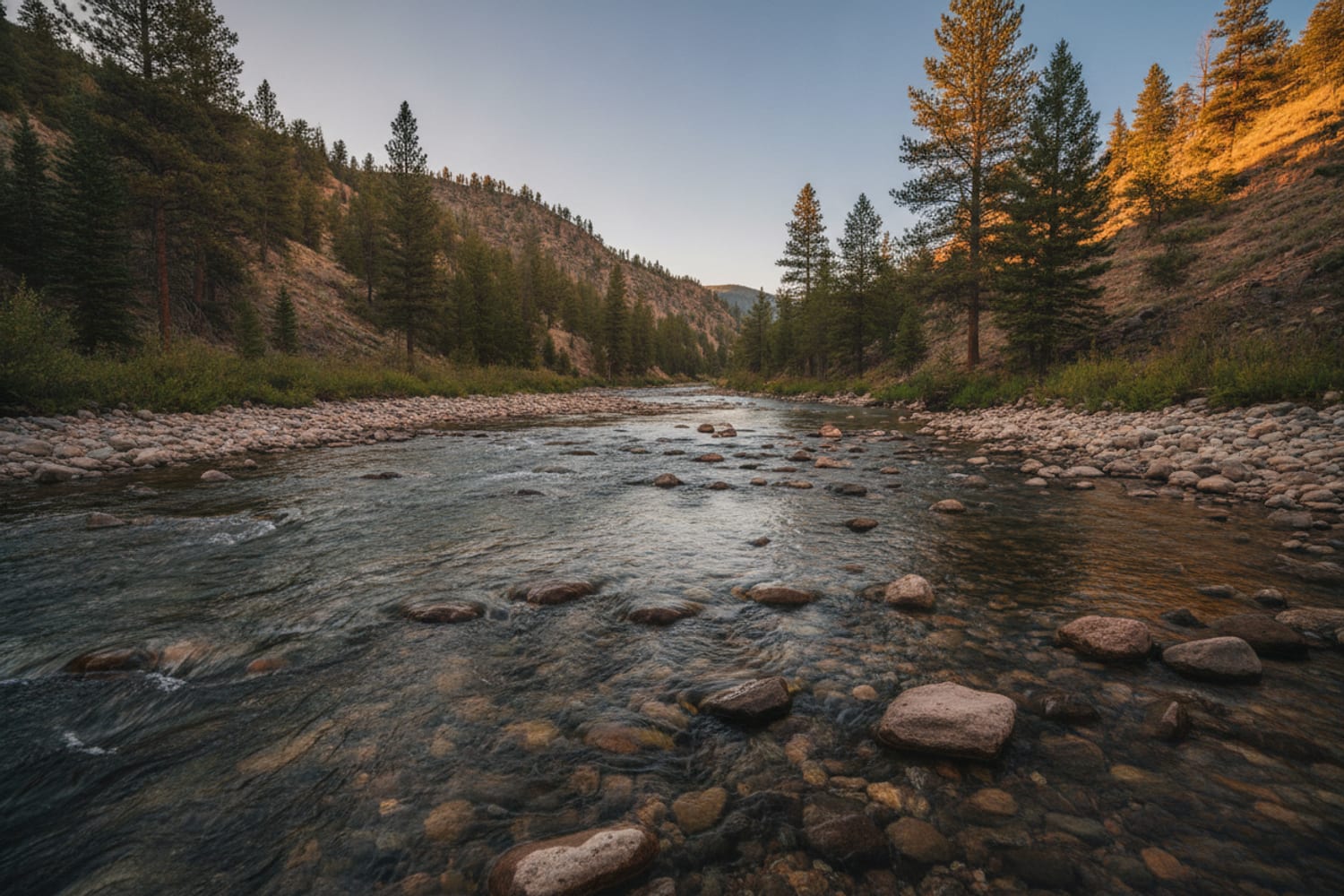 A clear South Platte tailwater run over cobble between low pine-dotted canyon slopes