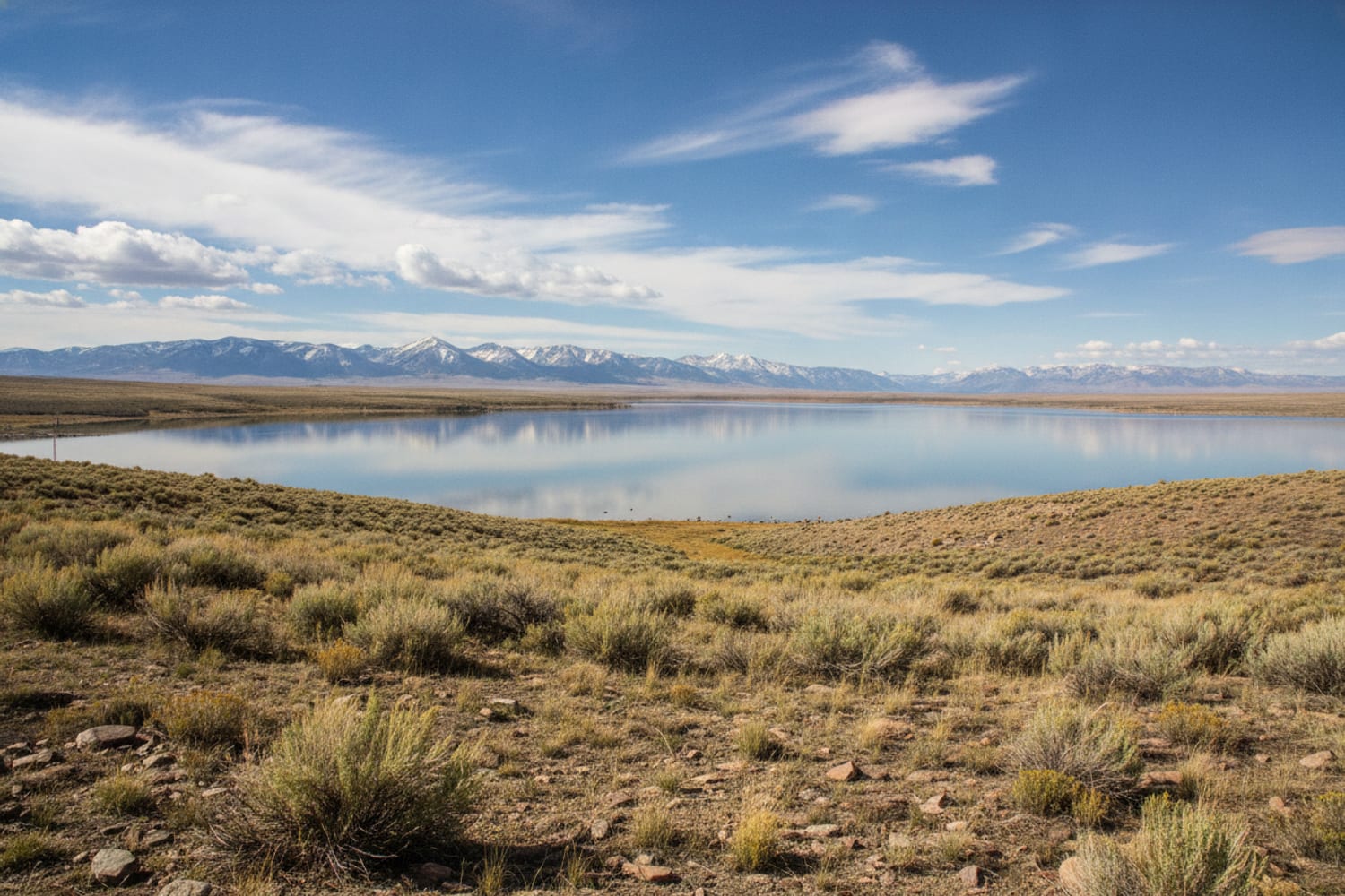 Spinney Mountain Reservoir, a vast open high-plains stillwater under a big sky, sage flats and distant peaks, no trees