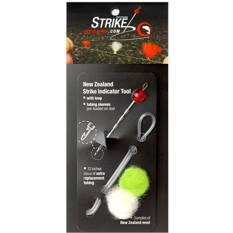 A New Zealand Strike Indicator tool kit — the applicator tool with pre-loaded clear tubing sleeves, spare replacement tubing, and sample tufts of green and white wool you size to the water (photo: strikeindicator.com)