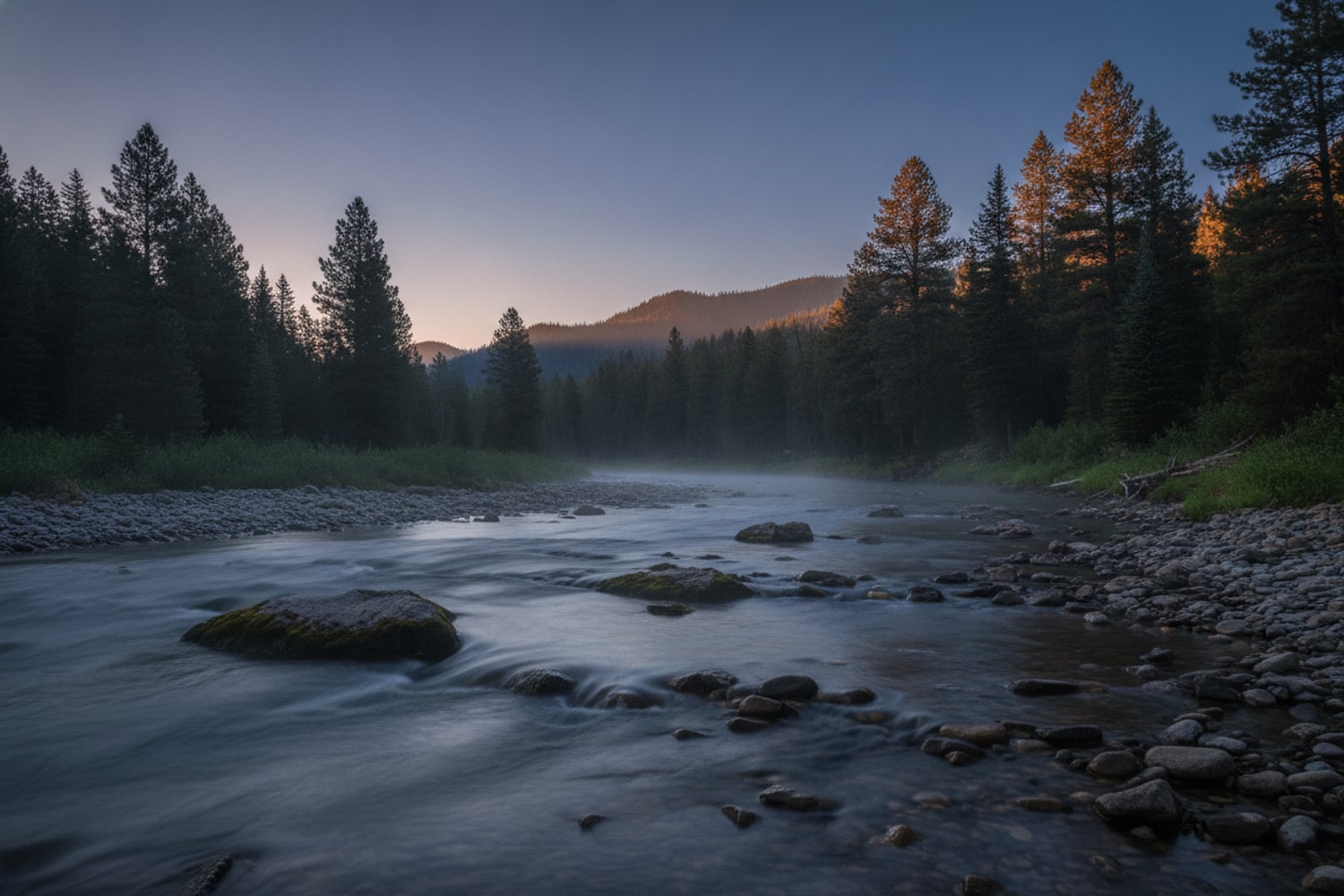 First light on a Colorado tailwater, mist lifting off cold water before the sun reaches it — the coldest hour of a summer day